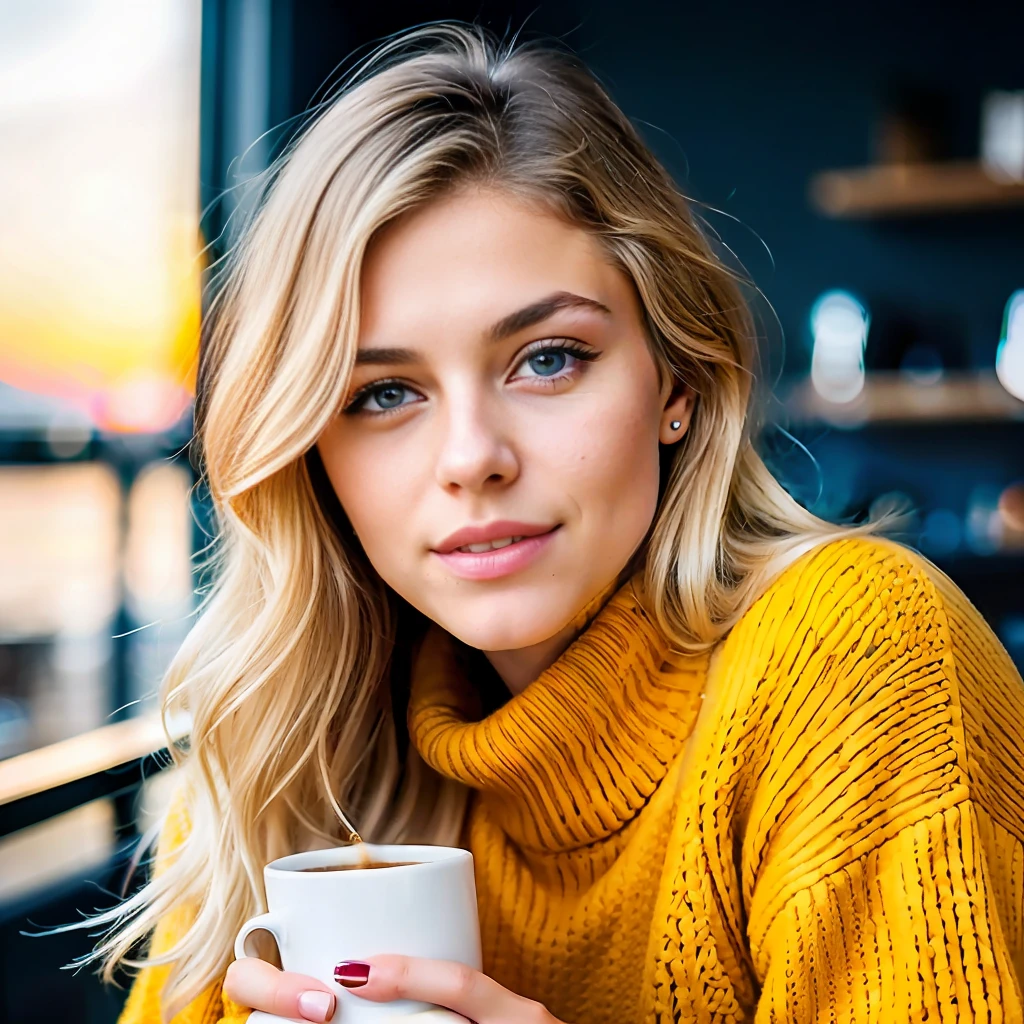 cute beautiful blonde wearing yellow sweater (drinking coffee inside a modern cafe at sunset), very detailed, 21 years old, inoccent face, natural wave hair, blue eyes, high-res, masterpiece, best quality,intricate details, highly detailed,sharp focus, detailed skin,realistic skin texture,texture, detailed eyes, professional, 4k, charmer smile, shot on Canon, 85mm,shallow depth of field,kodak vision color, perfect fit body, extremely detailed, photo_\(ultra\), photorealistic, realistic, post-processing, max detail, roughness, real life, ultra realistic, photorealism, photography, 8k uhd, photography