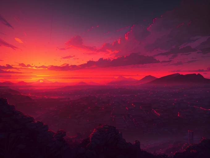 sunset over a city with a mountain in the distance, inspired by Andreas Rocha, andreas rocha style, inspired by sylvain sarrailh, 4k highly detailed digital art, 8k hd wallpaper digital art, the style of andreas rocha, 8k stunning artwork, by sylvain sarrailh, 4k detailed digital art, bastien grivet