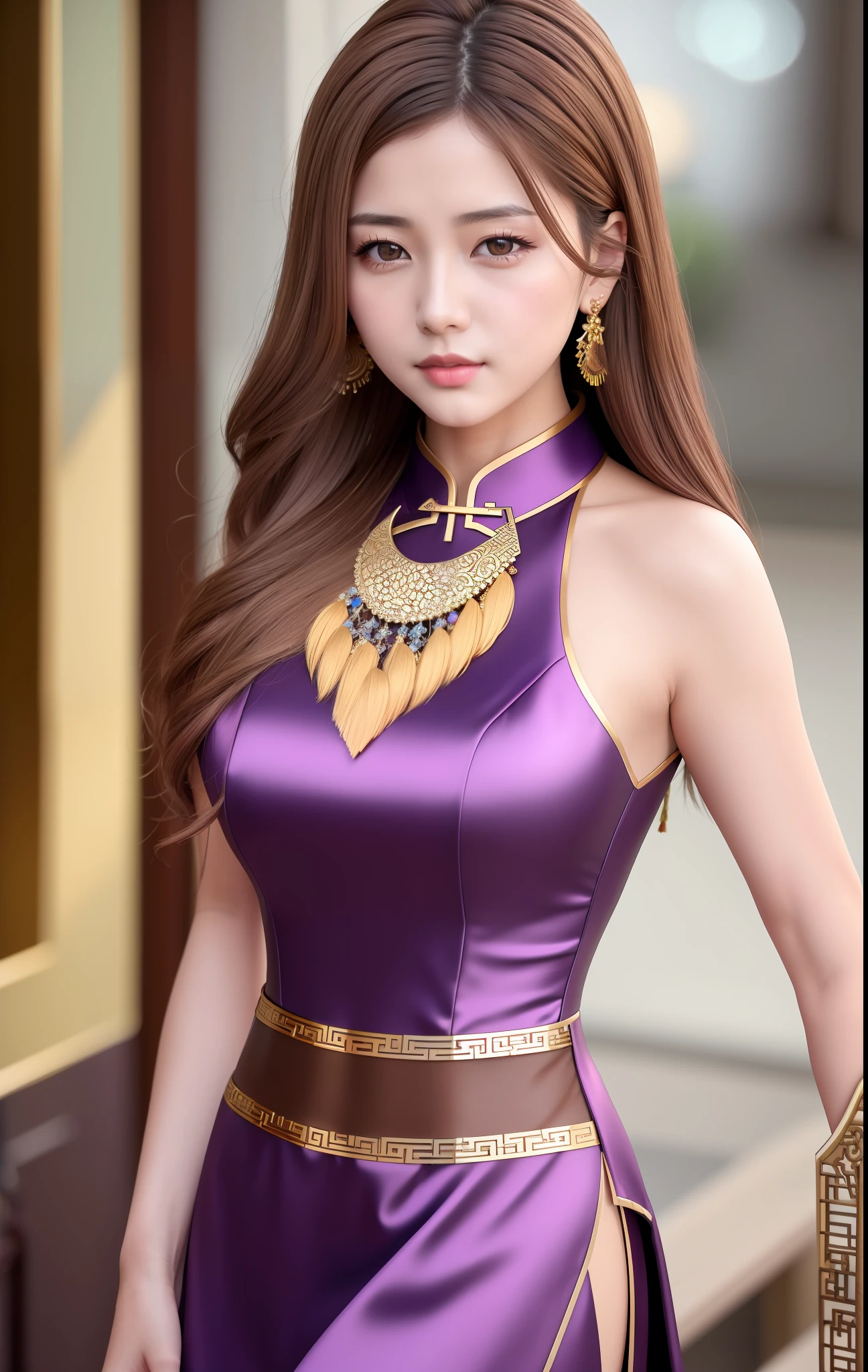 best quality, masterpiece, high_res, 1girl, hair ornament, necklace, jewelry, Beautiful face, tyndall effect, photo realistic, rim lighting, two tone lighting, (high detailed skin:1.2), 8k uhd, dslr, soft lighting, high quality, volumetric lighting, candid, Photograph, high resolution, 4k, 8k, Bokeh, medium breasts, absurdres, (light brown hair color), (purple eyes color), traditional chinese dress,