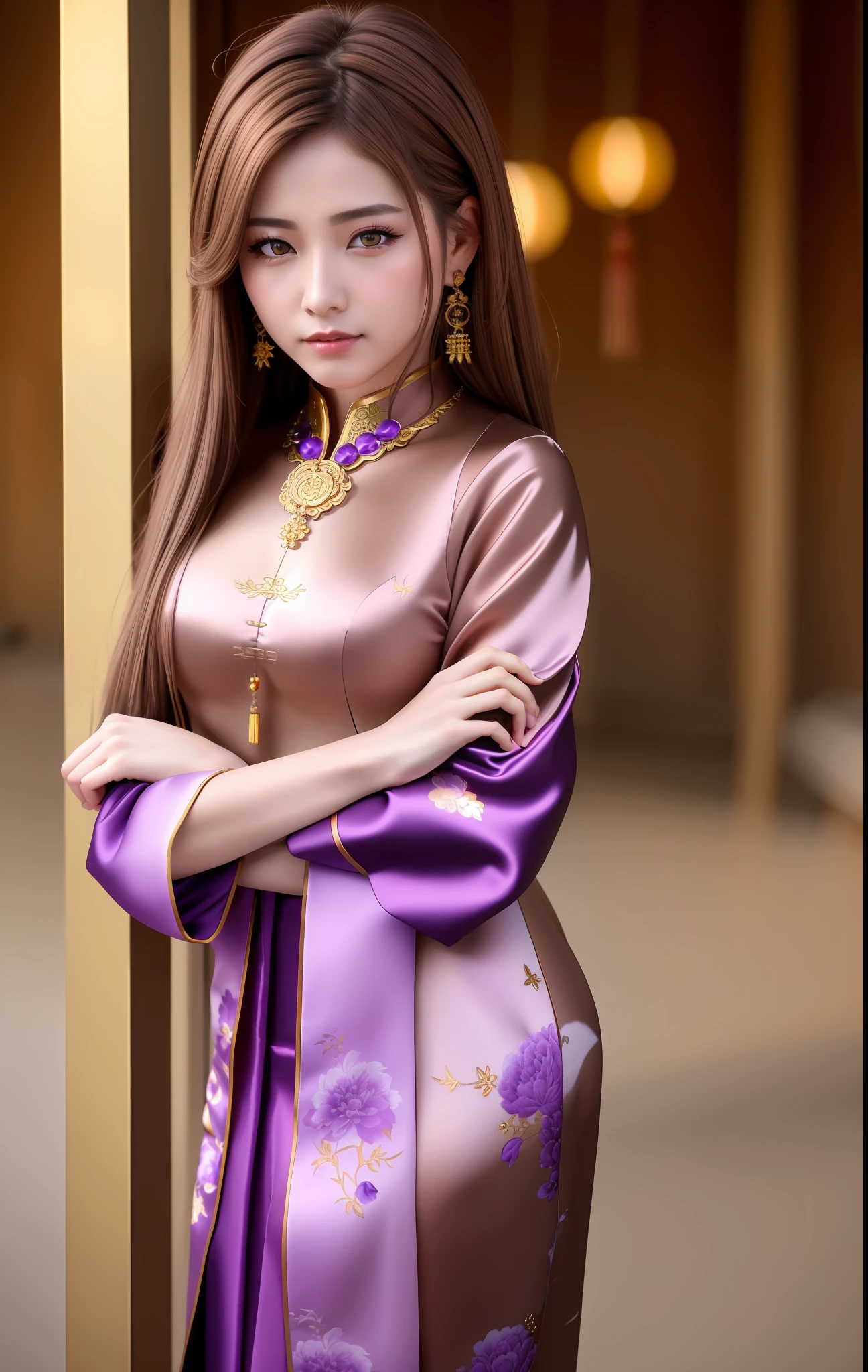 best quality, masterpiece, high_res, 1girl, hair ornament, necklace, jewelry, Beautiful face, tyndall effect, photo realistic, rim lighting, two tone lighting, (high detailed skin:1.2), 8k uhd, dslr, soft lighting, high quality, volumetric lighting, candid, Photograph, high resolution, 4k, 8k, Bokeh, medium breasts, absurdres, (light brown hair color), (purple eyes color), traditional chinese dress,