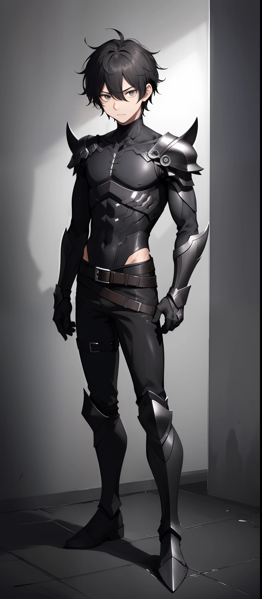 1boy, toned, black messy hair, black eyes, shadow powers, HD, masterpiece, vibrant, black boots, dead expression, slim black armor, full body view