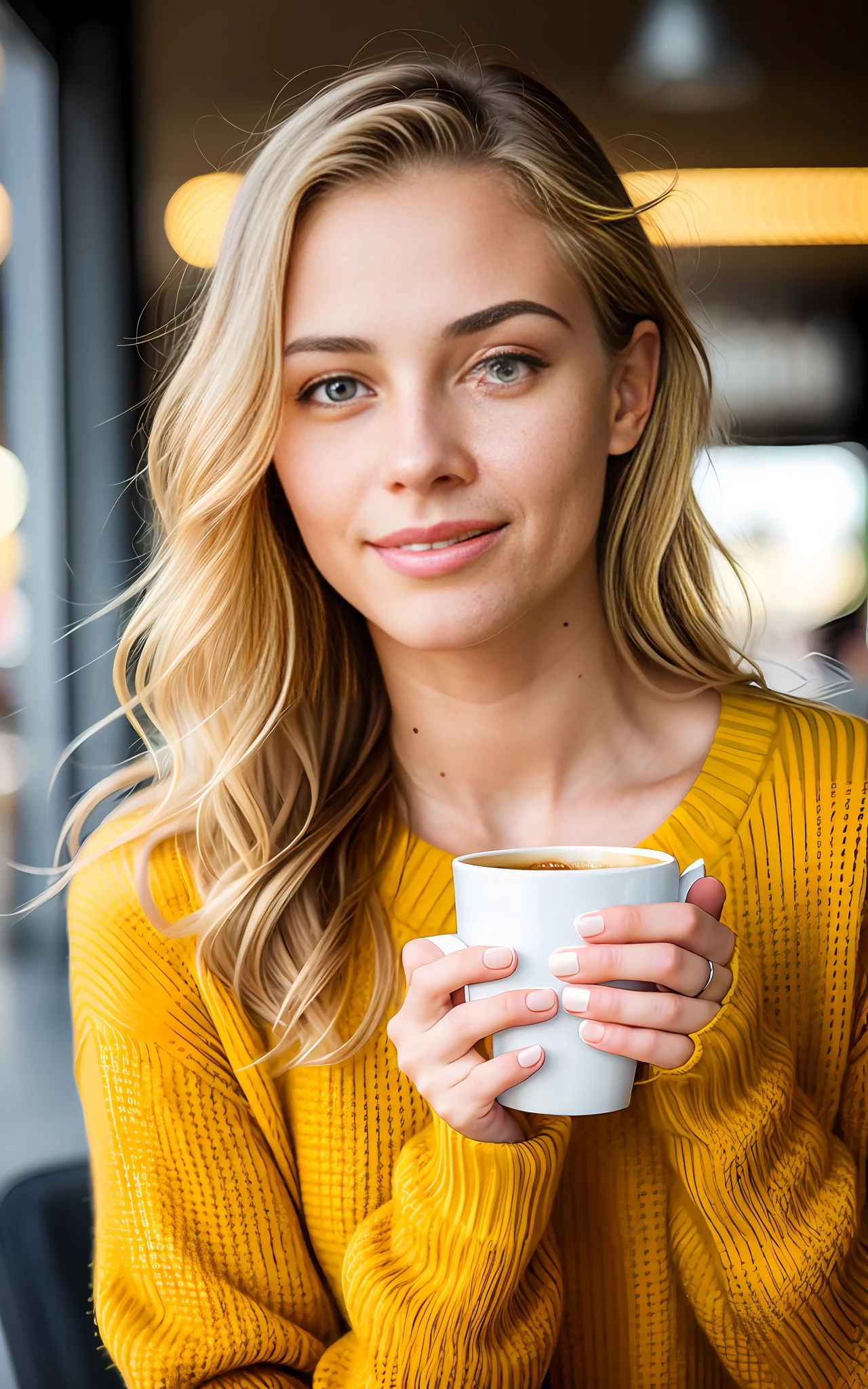 cute beautiful blonde wearing yellow sweater (drinking coffee inside a modern cafe at sunset), very detailed, 21 years old, inoccent face, natural wave hair, blue eyes, high-res, masterpiece, best quality,intricate details, highly detailed,sharp focus, detailed skin,realistic skin texture,texture, detailed eyes, professional, 4k, charmer smile, shot on Canon, 85mm,shallow depth of field,kodak vision color, perfect fit body, extremely detailed, photo_\(ultra\), photorealistic, realistic, post-processing, max detail, roughness, real life, ultra realistic, photorealism, photography, 8k uhd, photography