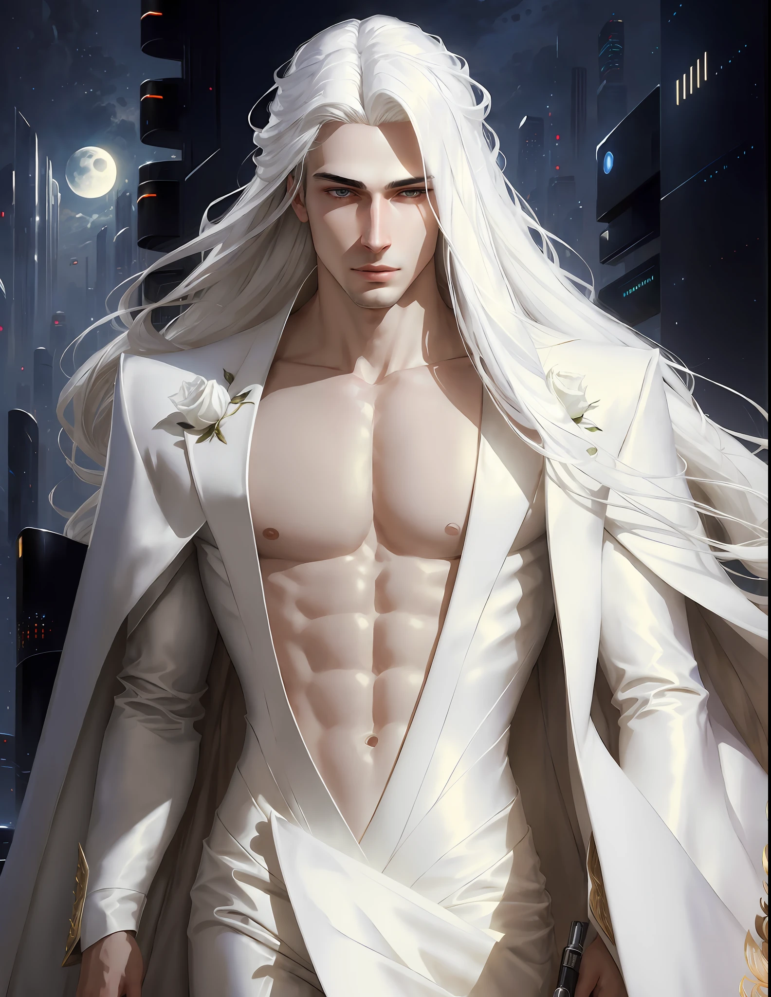 masterpiece, highest quality, (solo focus), (perfect face:1.1), (high detail:1.1),dramatic, 1guy, (pale skin), long white hair, white eyes, [light eyebrows], solo, long hair, moon, night, white luxury suit, covered navel, pouty lips, covered, futuristic city, detailed background, art by artgerm and greg rutkowski,  cinematic lighting, roses