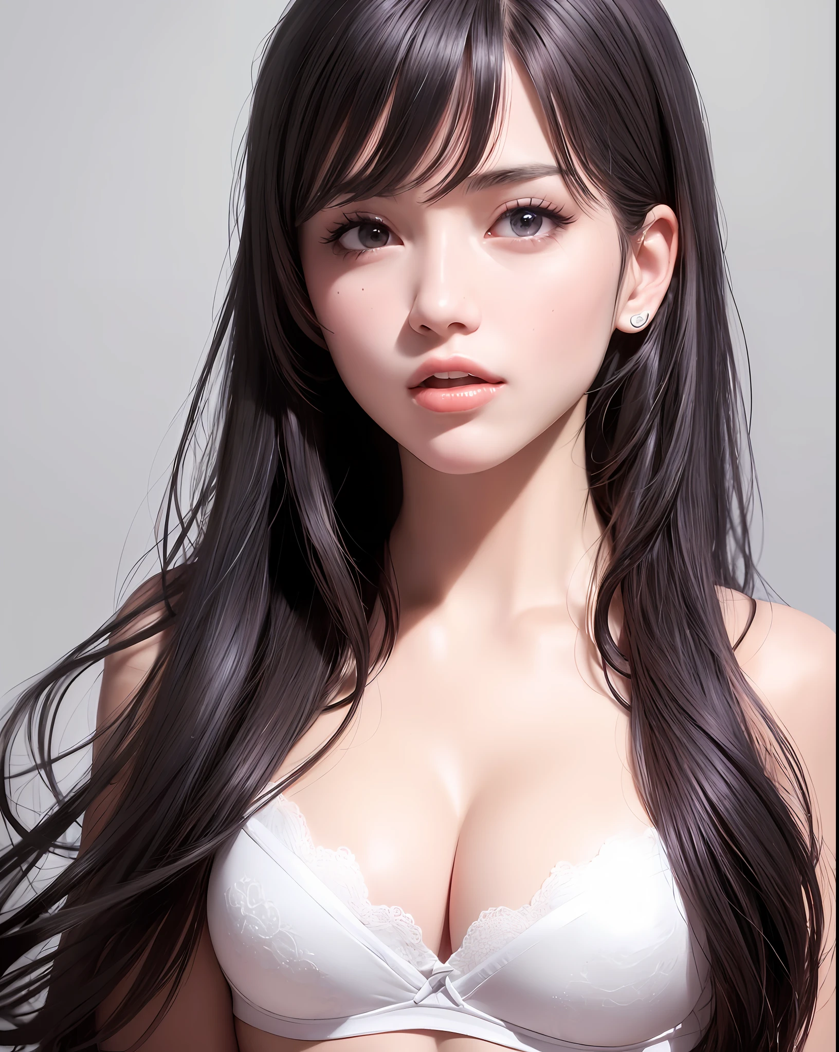 best quality, photorealistic, 8k, high resolution, 1 girl, woman, (skindentation), (portrait: 0.6), beautiful, ((white background: 1.87)), ((tight bra, big breasts: 1, 56)), (medium wavy black hair, parted bangs: 1.6), leering, (1 girl eyes looking at viewer: 1.6), photorealistic, (bokeh), (floating hair, lips, open mouth: 1.43), beautiful, pureerosface_v1:1,