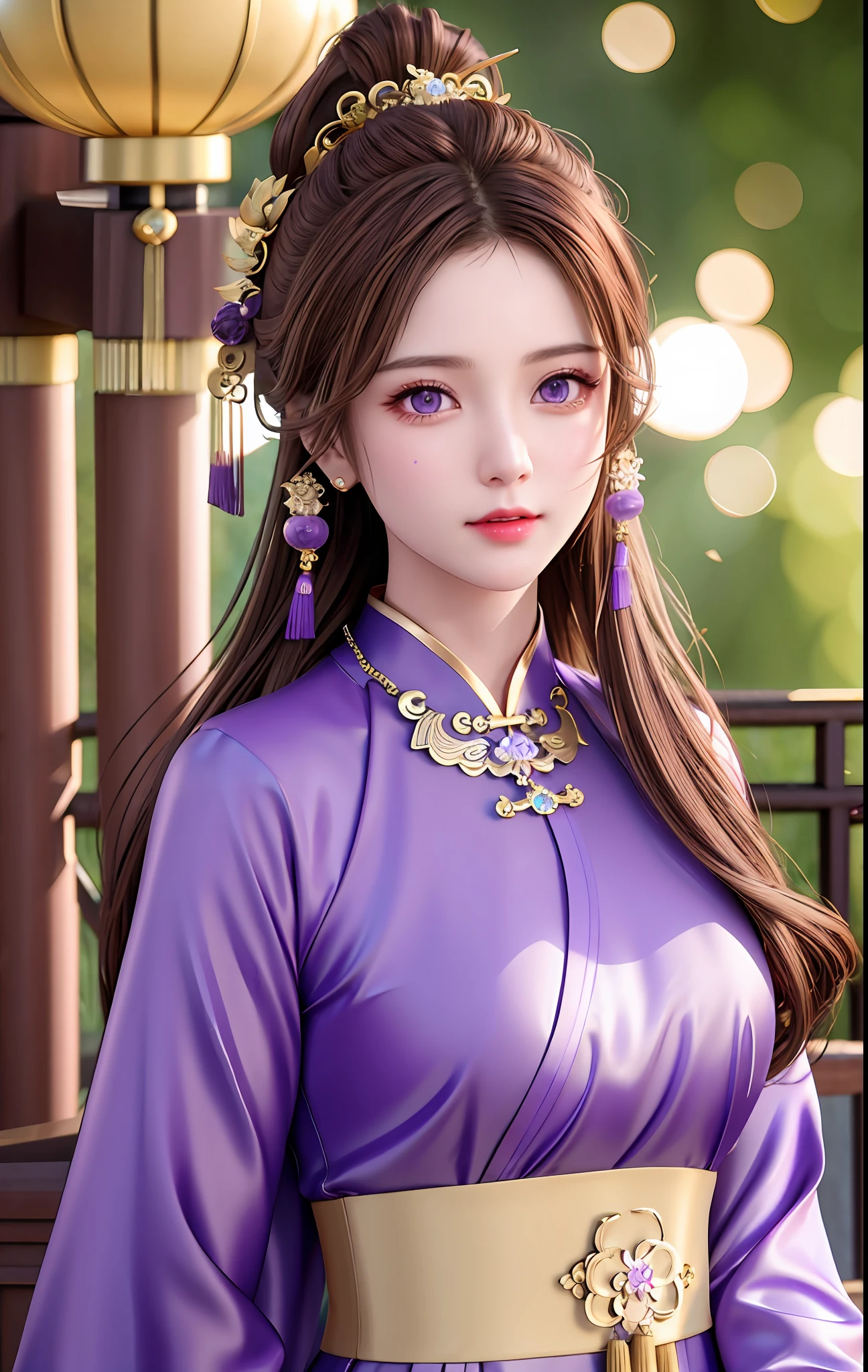 best quality, masterpiece, high_res, 1girl, hair ornament, necklace, jewelry, Beautiful face, tyndall effect, photo realistic, rim lighting, (high detailed skin:1.2), 8k uhd, dslr, soft lighting, high quality, volumetric lighting, candid, Photograph, high resolution, 4k, 8k, Bokeh, medium breasts, absurdres, (light brown hair color), (purple eyes color), traditional chinese dress, ponytail contorted,