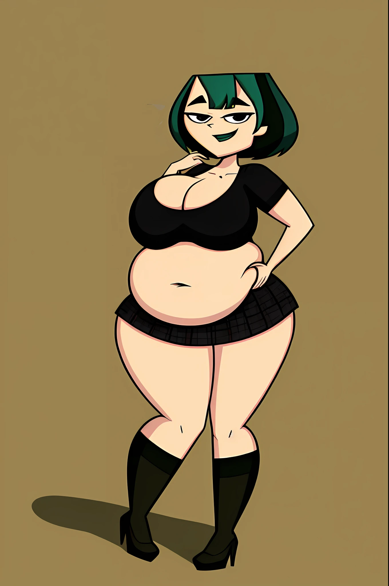 tdigwen, pornographic photoshoot,walking in forest, best quality, masterpiece, restaurant, art from total drama island, art by jaykuma,, 1girl, solo, art from total drama island, art by jaykuma, wide hips, massive thighs, colorful background,((((hyper belly:1.1)))), (ussbbw:1.1), ((hyper breasts:1.5)), (bouncing belly:1.1), (short black hair:1.3), upper body, highly detailed, black thighs, high heels, detailed eyes, big booty, brown eyes, high resolution, distinct image, belly rub, smile, trees , sunshine, big navel, shirt, skirt, shadow, redness on belly