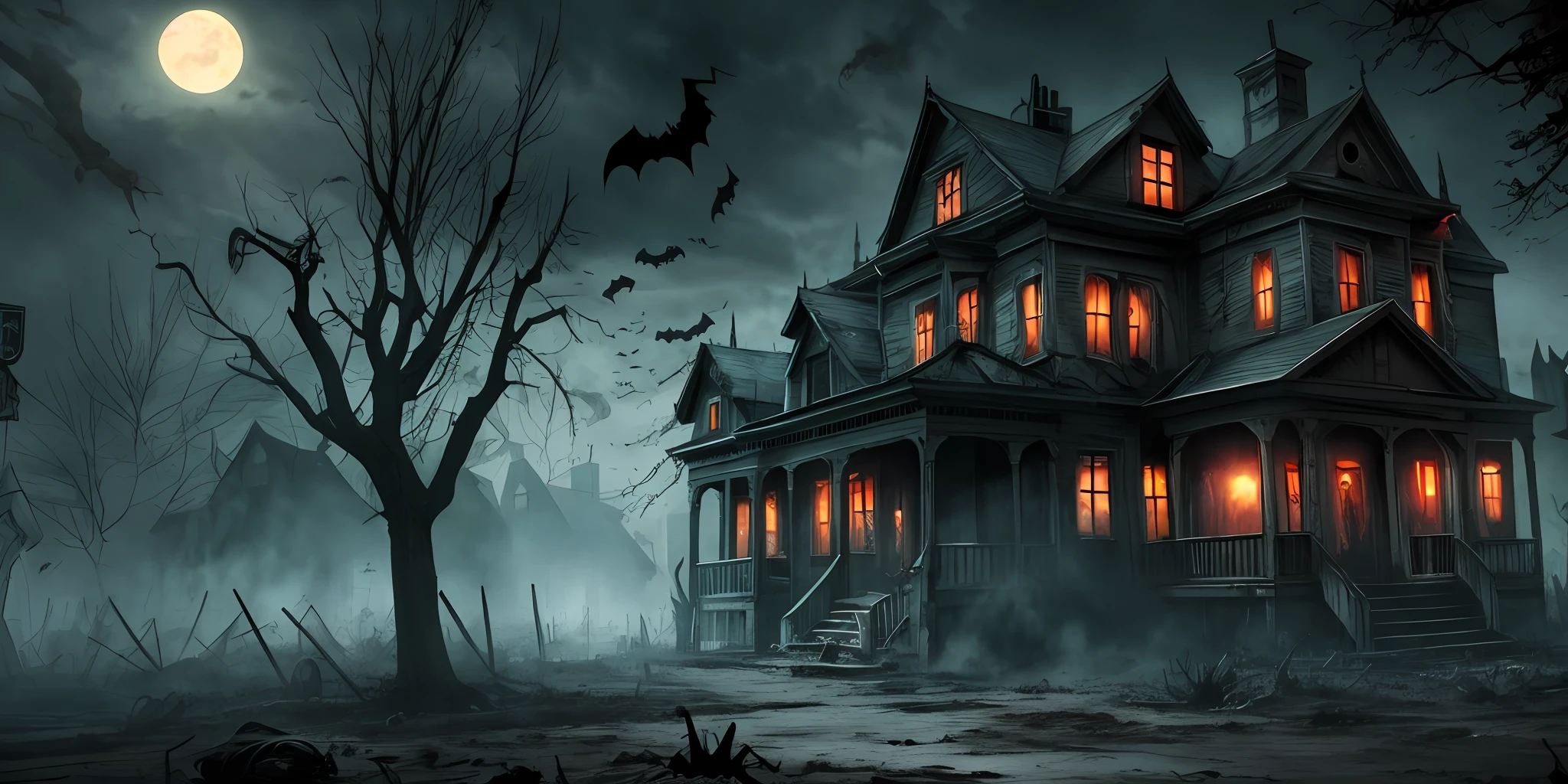 Zombie monster, haunted house, spooky atmosphere, horror style, unpredictable, night, ultra detailed, realistic, ultra realistic, high quality, best, super detail, crazy detail, very detailed, photorealistic, epic composition, best quality, 32k --v 6