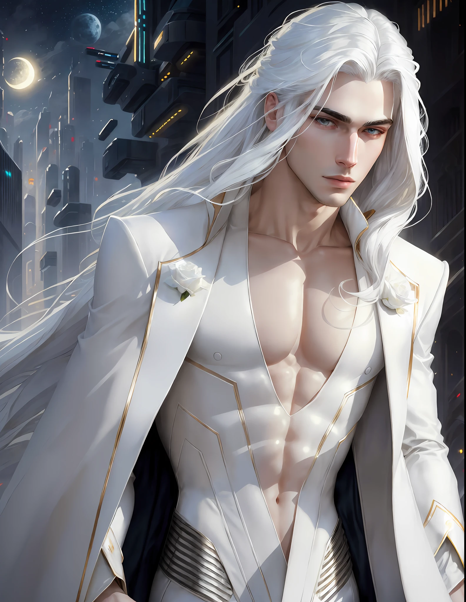 masterpiece, highest quality, (solo focus), (perfect face:1.1), (high detail:1.1),dramatic, 1guy, (pale skin), long white hair, white eyes, [light eyebrows], solo, long hair, moon, night, white luxury suit, covered navel, pouty lips, covered, futuristic city, detailed background, art by artgerm and greg rutkowski,  cinematic lighting, roses
