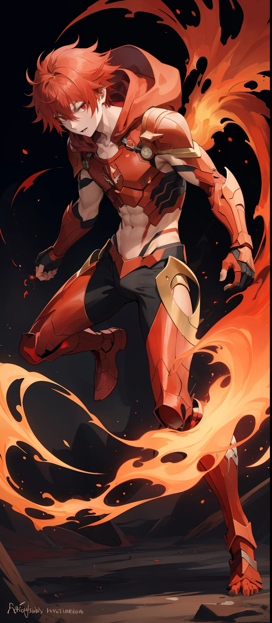 1boy, toned, red messy hair, red eyes, fire powers, HD, masterpiece, vibrant, dead expression, slim red armor with hood over head, full body view