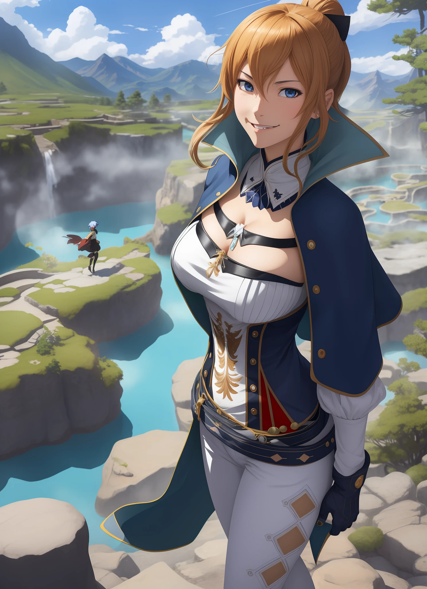 &quot;((workshop)), perfect quality, stunning beauty, jeanfavonian, big breasts, (high quality anime, Makoto Shinkai), with a wide smile and redness on his face, is outdoors on a mountain terrace near hot springs, looking at the viewer. Short hair blowing in the wind, the backdrop is simple and blue, the mountains provide the backdrop, and the gaze is directed downwards from a low angle.The lighting is dark, but high heels only enhance the beauty.&quot;