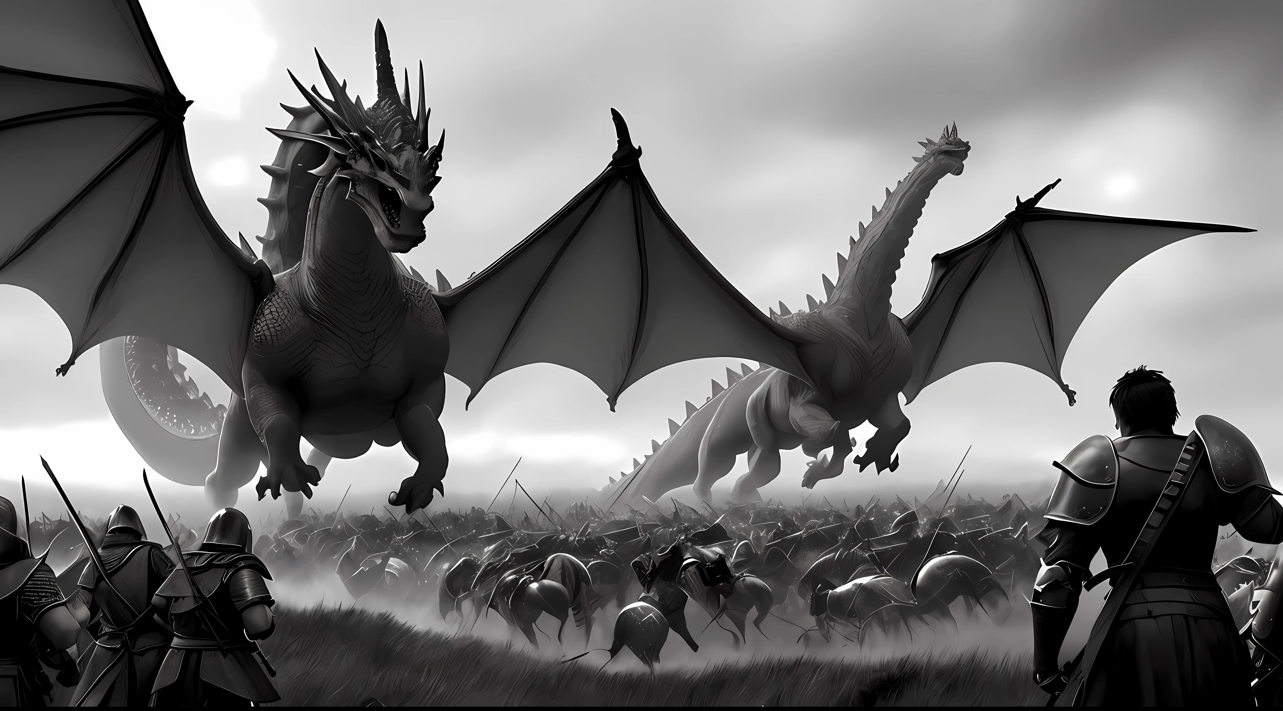 Hyper-realistic_detailed_wide manga_scene, Detailed scene with many extremely detailed and sharp details, wounded ancient giant dragon on a medieval battlefield surrounded by soldiers and mercenaries fighting each other with swords_spears_shields, by Kentaro Miura, by Claudio Pilia, background shows a misty_dark medieval_battlefield with many details like banners waving in the wind_burning catapult projectiles_in the sky_broken weapons_collapsed soldiers and horses Very accurate and realistic dragon details Extremely detailed throughout the scene Hyper-detailed battle scene Extensive cinematic scene Intense combat Extremely detailed dragon scales_eyes_head Extremely detailed weapons and armor Extremely detailed faces show an incredibly detailed film scene with an extremely large number of details.