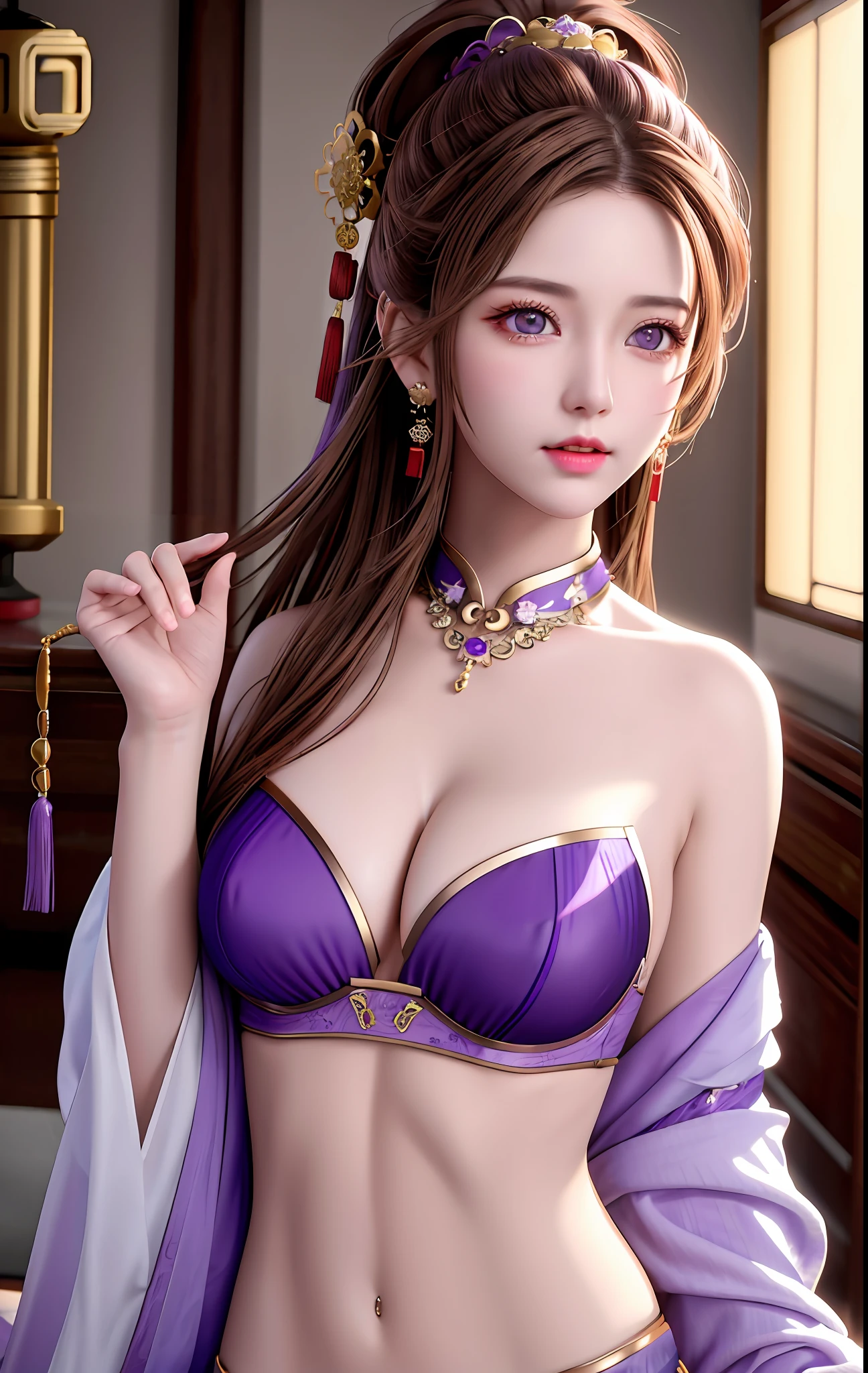 best quality, masterpiece, high_res, 1girl, hair ornament, necklace, jewelry, Beautiful face, tyndall effect, photo realistic, rim lighting, (high detailed skin:1.2), 8k uhd, dslr, soft lighting, high quality, volumetric lighting, candid, Photograph, high resolution, 4k, 8k, Bokeh, medium breasts, absurdres, (light brown hair color), (purple eyes color), red ancient traditional chinese underwear, ponytail contorted, best ratio four finger and one thumb,