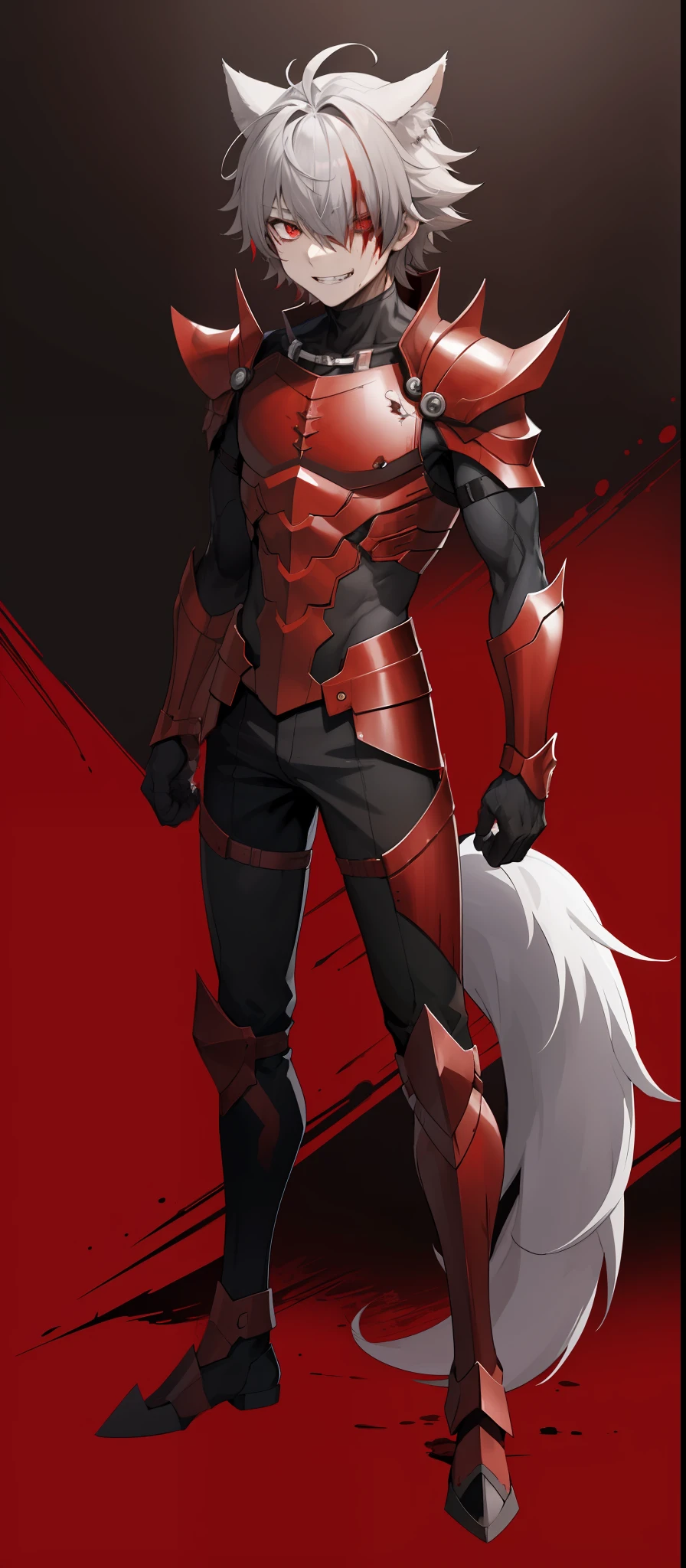 1boy, toned, red gray messy hair, blood red eyes, blood powers, HD, masterpiece, vibrant, dead expression, slim dark red armor, full body view, grin, hair covers one eye, sharp wolf ears, wolf tail