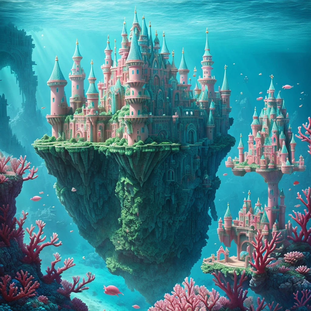 Ocean surrounded by coral with a beautiful pink palace, beautiful and detailed fantasy, underwater city, underwater city, fantasy castle, fantasy ocean landscape, fantasy highly detailed, lost city of Atlantis, huge floating castle, lost city of atlantis, city of atlantis, ultra detailed fantasy, floating palace, stunning fantasy 3d rendering, city of atlantis