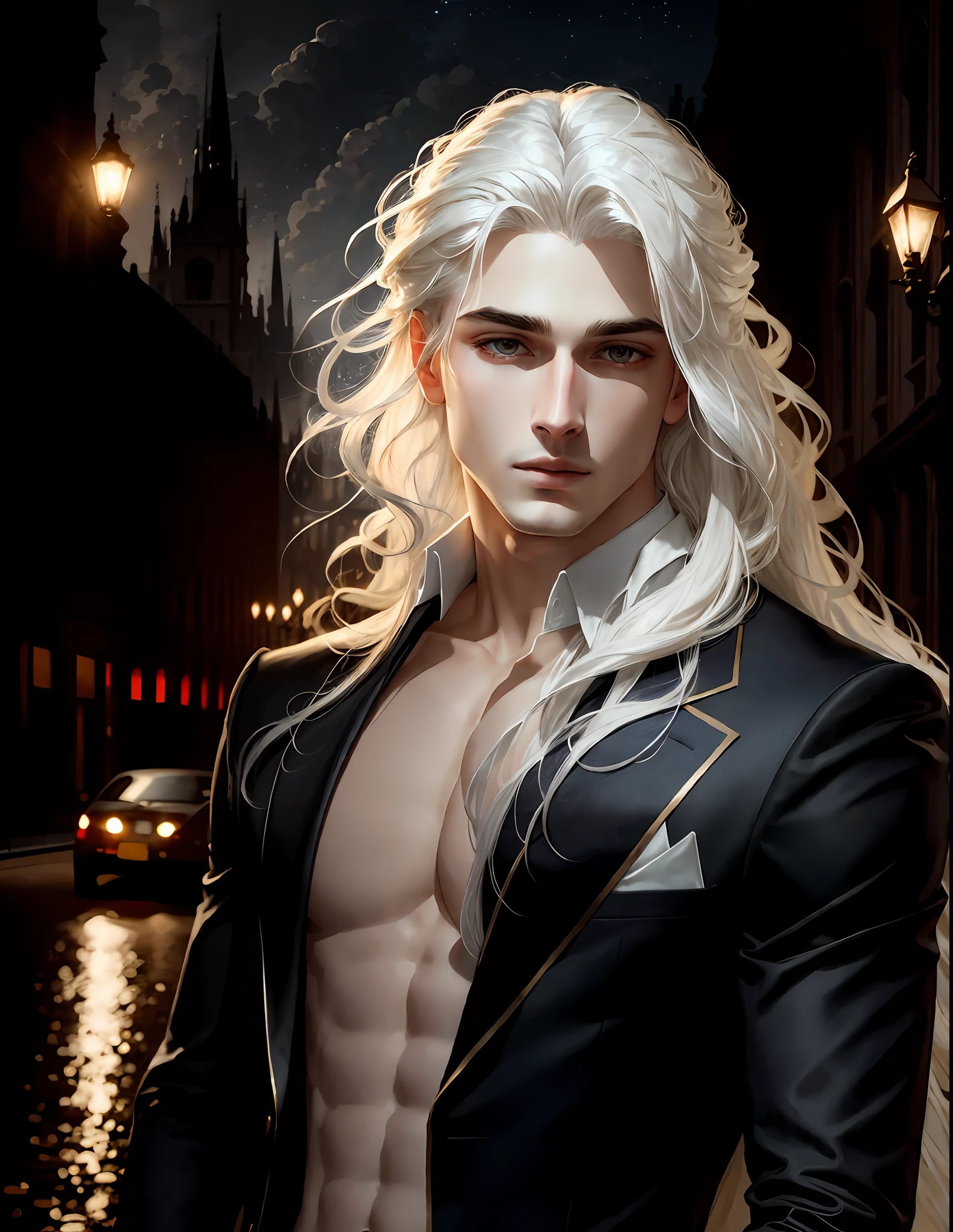 masterpiece, highest quality, (solo focus), (perfect face:1.1), (high detail:1.1),dramatic, 1guy, (pale skin), long white hair, white eyes, [light eyebrows], solo, long hair, moon, night, beige luxury suit, covered navel, pouty lips, (beauty marks), gothic city, detailed background, art by artgerm and greg rutkowski,  cinematic lighting, roses