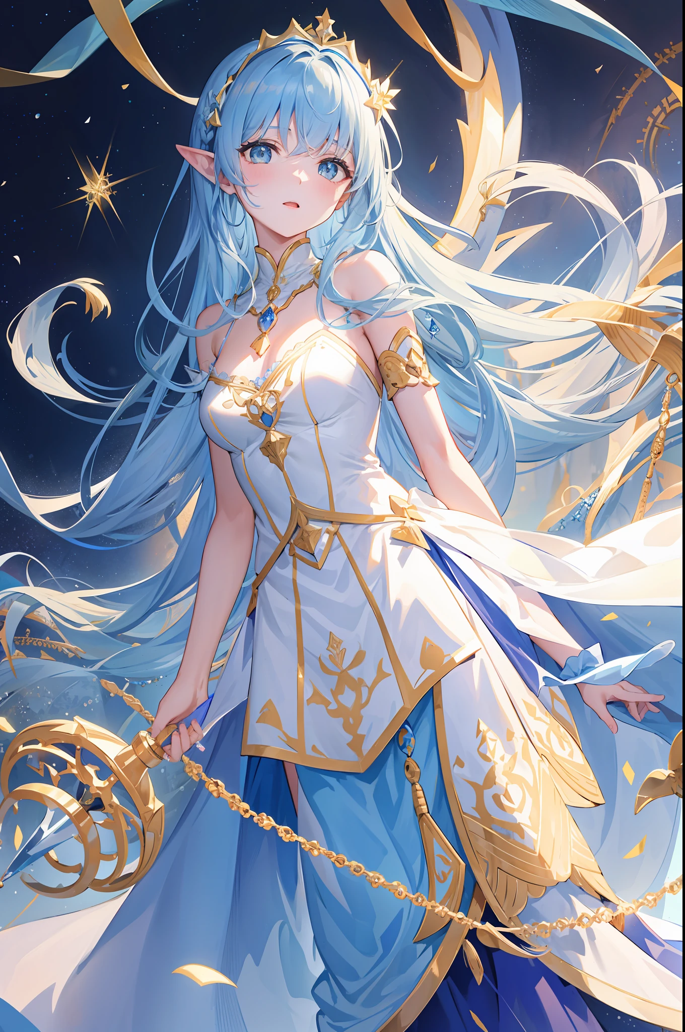The crown woven with golden silk thread is worn in the ice blue hair, pointy ears, young girl, good face, blue crystal pendant necklace, full white chest, water blue long skirt, exquisite and gorgeous, The skirt has small pendants in the shape of water droplets made of various gemstones, illustration, masterpiece, fantasy, blue flowers, lakeside, movie lens, strong light and shadow