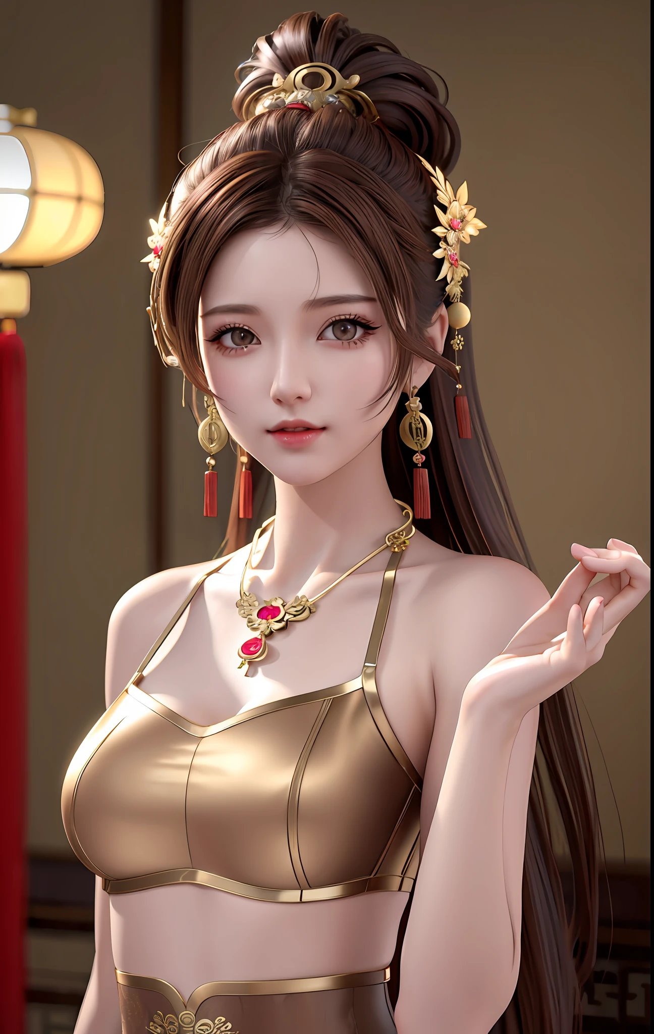 best quality, masterpiece, high_res, 1girl, hair ornament, necklace, jewelry, Beautiful face, tyndall effect, photo realistic, rim lighting, (high detailed skin:1.2), 8k uhd, dslr, soft lighting, high quality, volumetric lighting, candid, Photograph, high resolution, 4k, 8k, Bokeh, medium breasts, absurdres, (light brown hair color), red ancient traditional chinese underwear, ponytail contorted, best ratio four finger and one thumb,