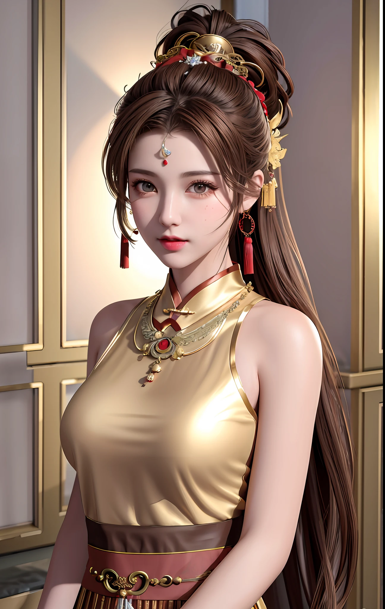 best quality, masterpiece, high_res, 1girl, hair ornament, necklace, jewelry, Beautiful face, tyndall effect, photo realistic, rim lighting, (high detailed skin:1.2), 8k uhd, dslr, soft lighting, high quality, volumetric lighting, candid, Photograph, high resolution, 4k, 8k, Bokeh, medium breasts, absurdres, (light brown hair color), red ancient traditional chinese underwear, ponytail contorted, best ratio four finger and one thumb,