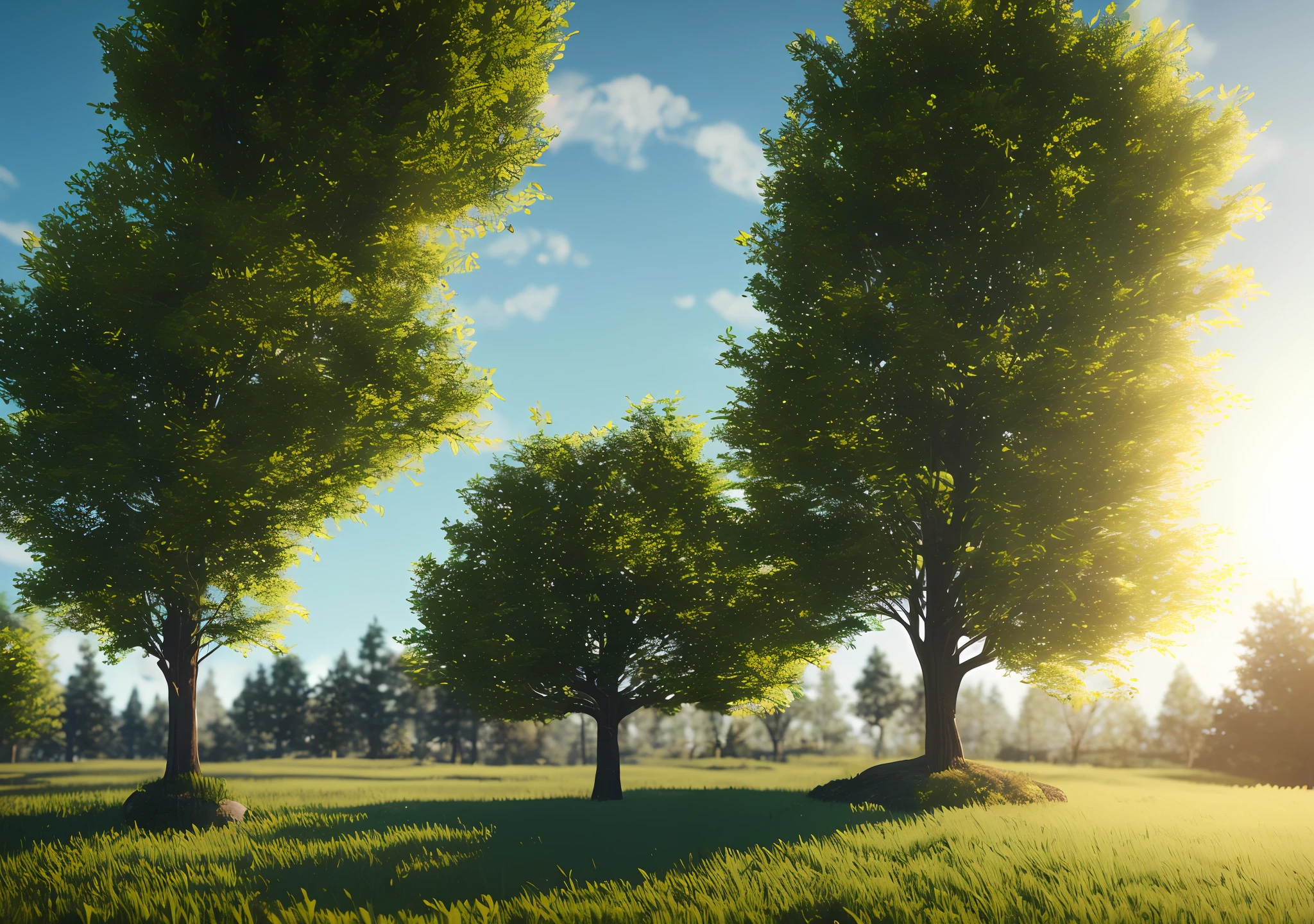 single tree in calm  landscape, Photorealistic,extremely detailed, Intricate, sunny atmosphere, octane render