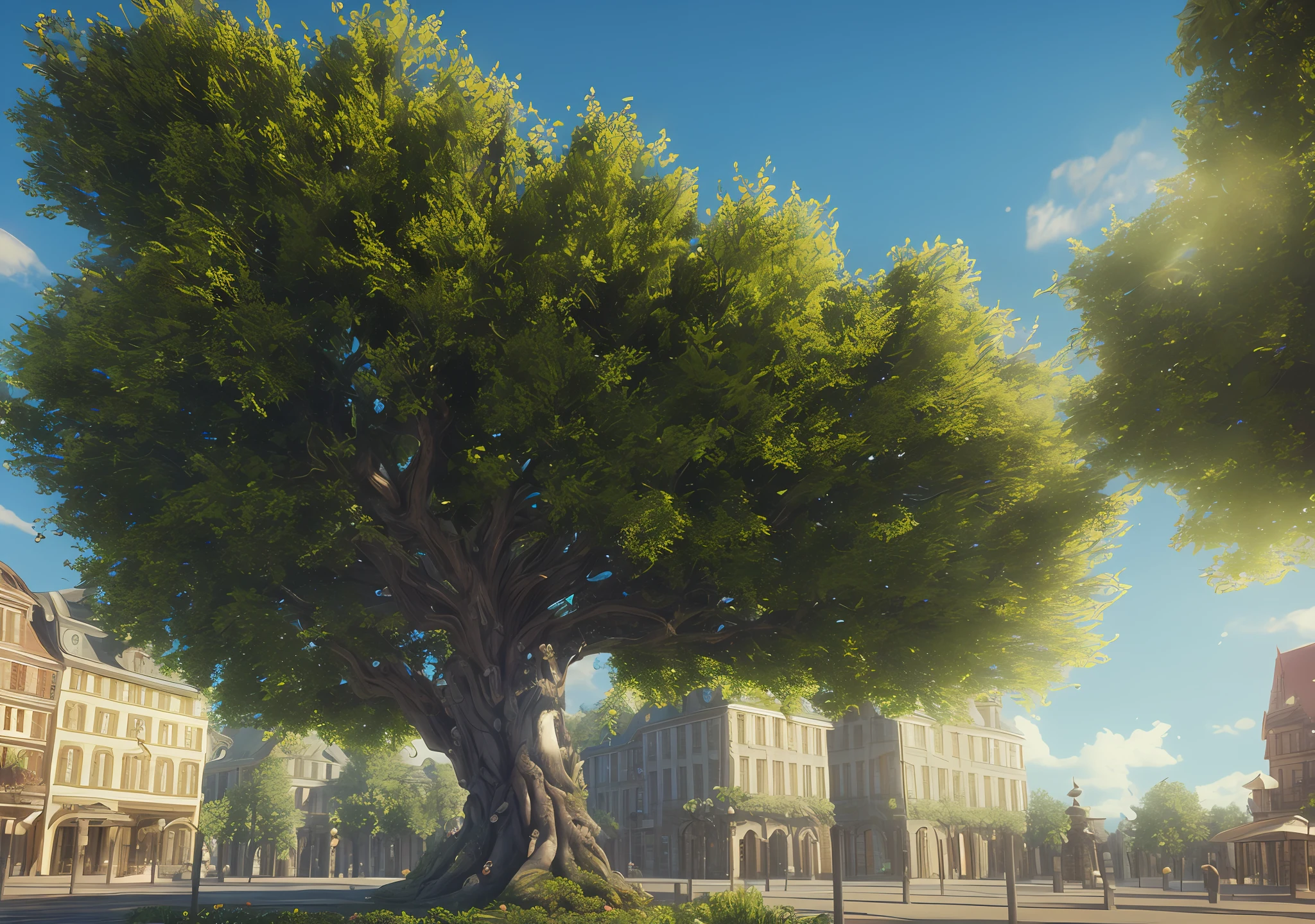 single big old tree in midle of town square, Photorealistic,extremely detailed, Intricate, sunny atmosphere, octane render