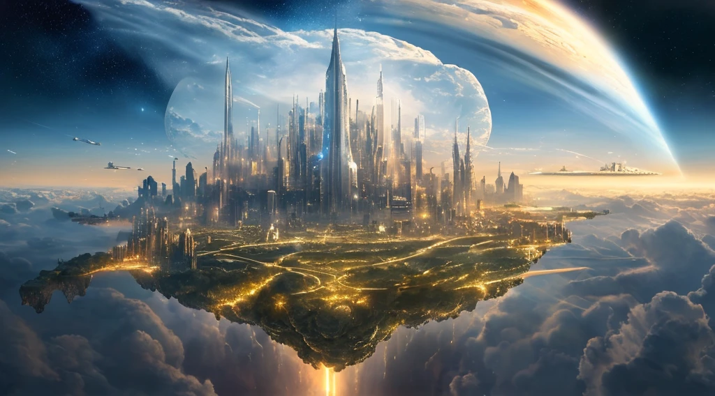 ((master piece)),best quality, (8k, best quality, masterpiece:1.2), ultra-detailed, illustration, Grand scene, big city, Science fiction, ethereal city, Floating city, many planets in the skies, clouds around, celestial architecture, purple energy is erupting from the terrain