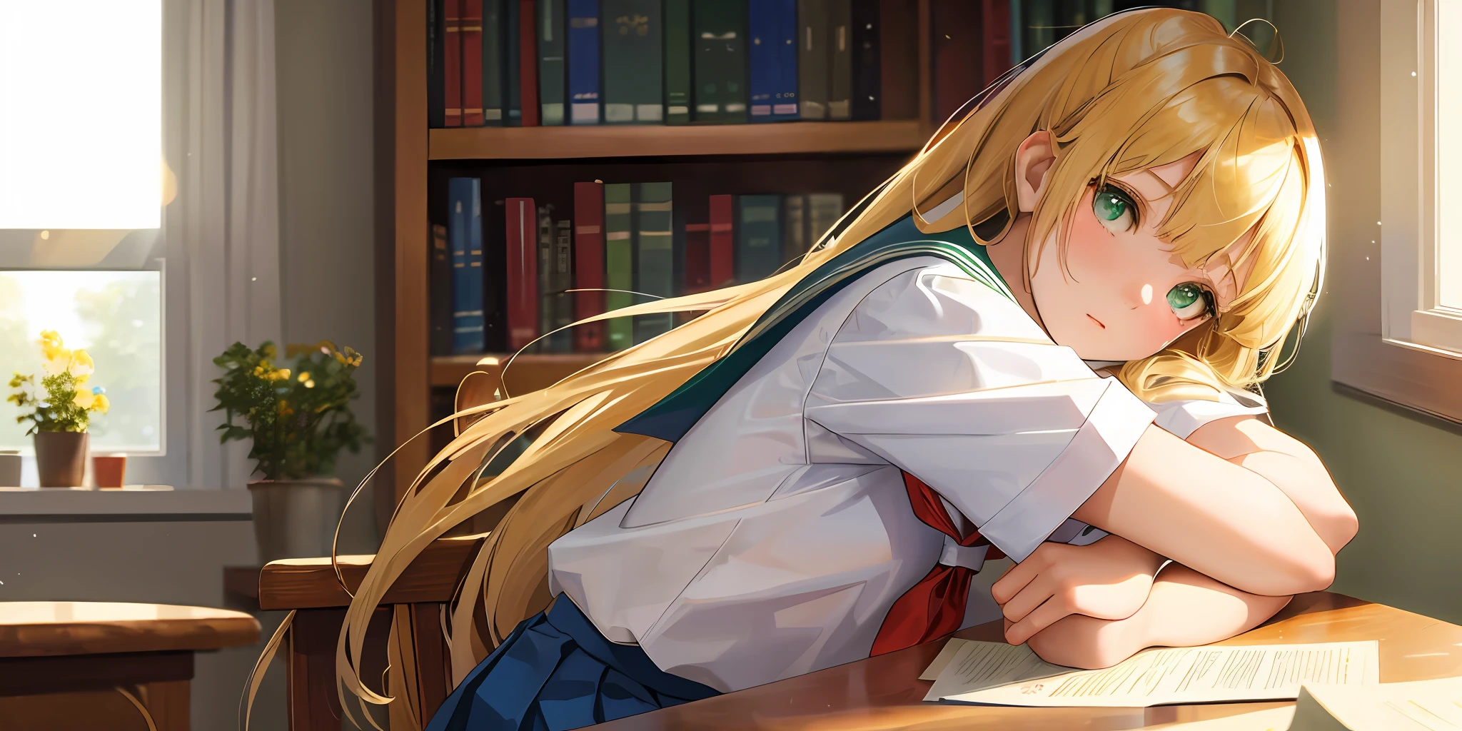 ((masterpiece,best quality, high resolution)), 1girl, solo, green eyes, blonde long hair tied with blue ribbon, blunt bangs, sitting, folded arms on the table, sleep on the folded arms, school uniform, white serafuku, red sailor collar, short sleeves, white pleated skirt, (in library), dramatic light, beside window, afternoon light through the window, afternoon, bokeh effect