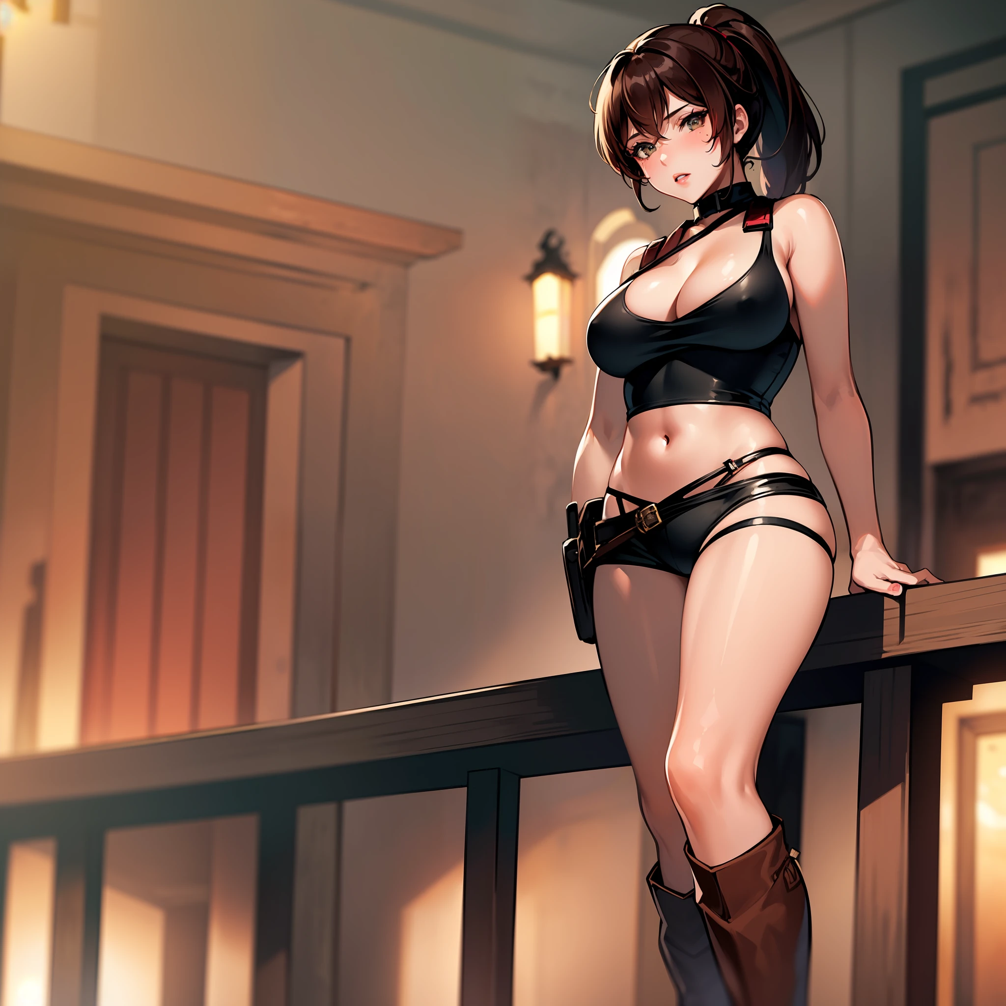 Masterpiece, best quality, 1girl, detailed face, extremely detailed CG, wallpaper, front, ass, oversized boobs, beautiful face, claireredfieldclassic, (re2costume: 1.3), mitts, boots, swimwear lingerie, erotic panties ,sleeveless,