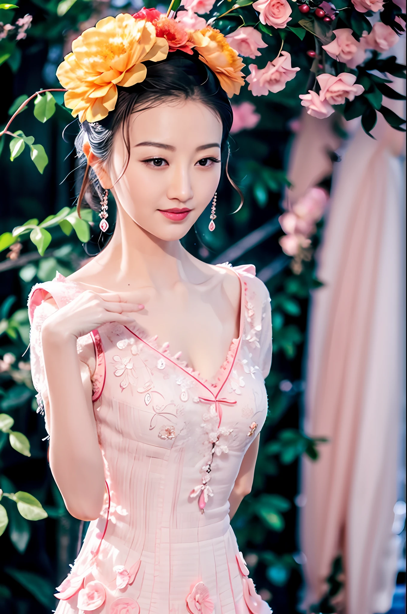 Gentle and charming Chinese woman, full body shot, delicate and sexy collarbone, charming oval face, double eyelids, vivid peach blossom eyes, pink lips, small nose, bare shoulders, focused face, face close-up, ultra-high-definition, Super details, elegant standing, Korean style flower bud skirt, playful flower bud shape design, elegant and sweet to wear, soft pink is more ladylike