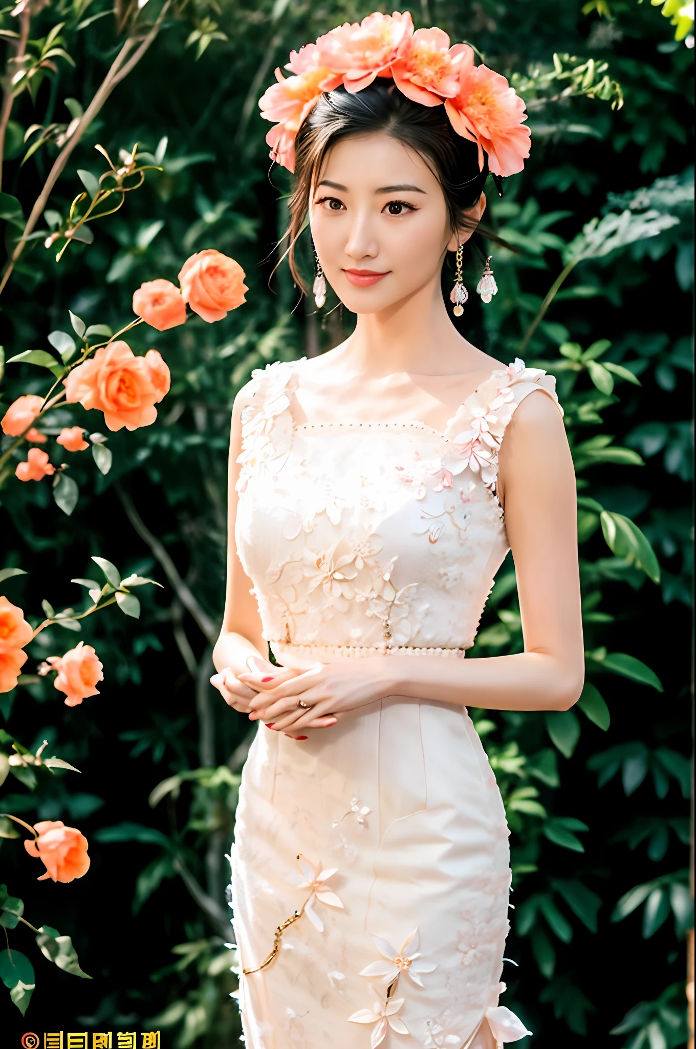 Gentle and charming Chinese woman, full body shot, delicate and sexy collarbone, charming oval face, double eyelids, vivid peach blossom eyes, pink lips, small nose, bare shoulders, focused face, face close-up, ultra-high-definition, Super details, elegant standing, Korean style flower bud skirt, playful flower bud shape design, elegant and sweet to wear, soft pink is more ladylike
