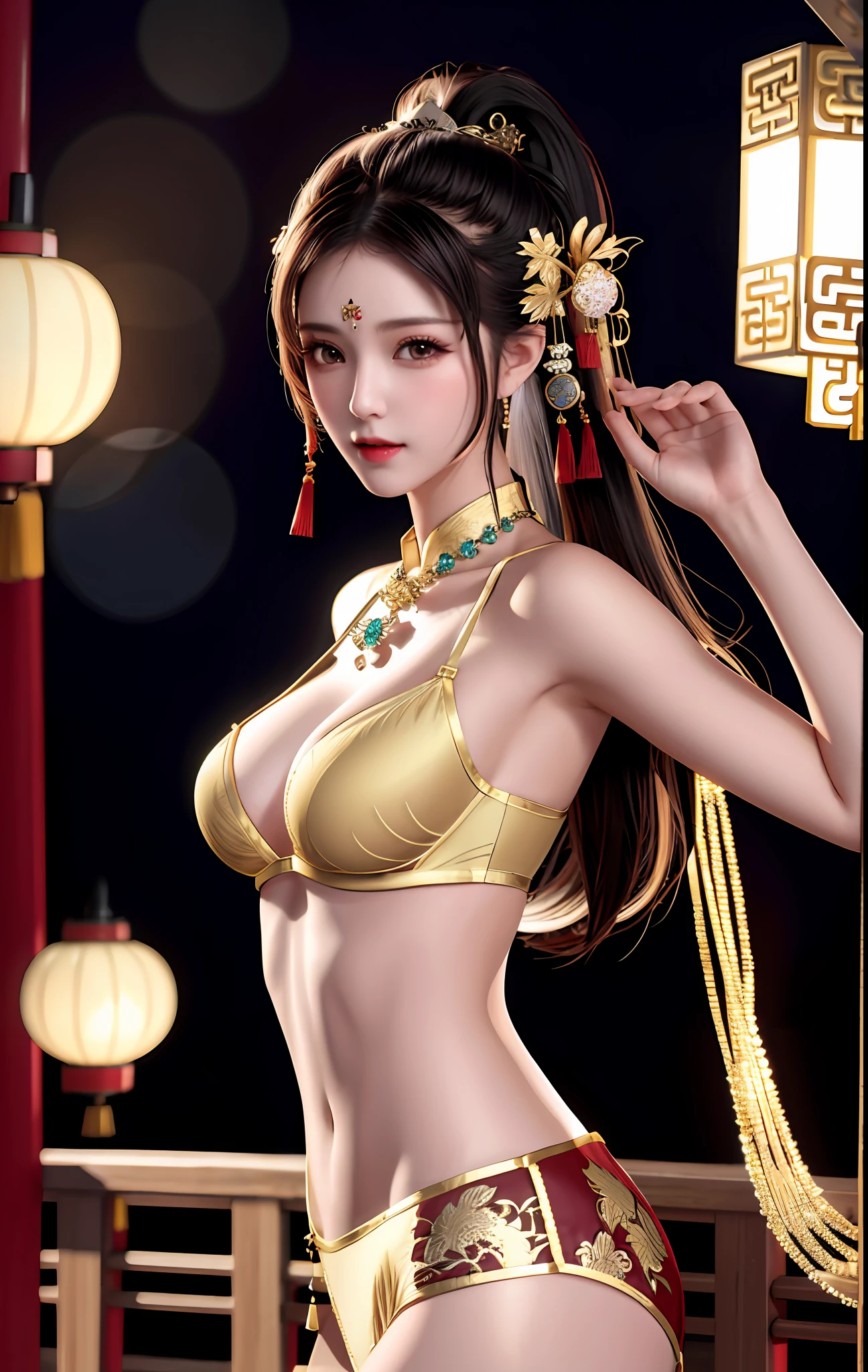 best quality, masterpiece, high_res, 1girl, hair ornament, necklace, jewelry, Beautiful face, tyndall effect, photo realistic, rim lighting, (high detailed skin:1.2), 8k uhd, dslr, soft lighting, high quality, volumetric lighting, candid, Photograph, high resolution, 4k, 8k, Bokeh, medium breasts, absurdres, ancient traditional chinese underwear lingerie, ponytail contorted, best ratio four finger and one thumb,