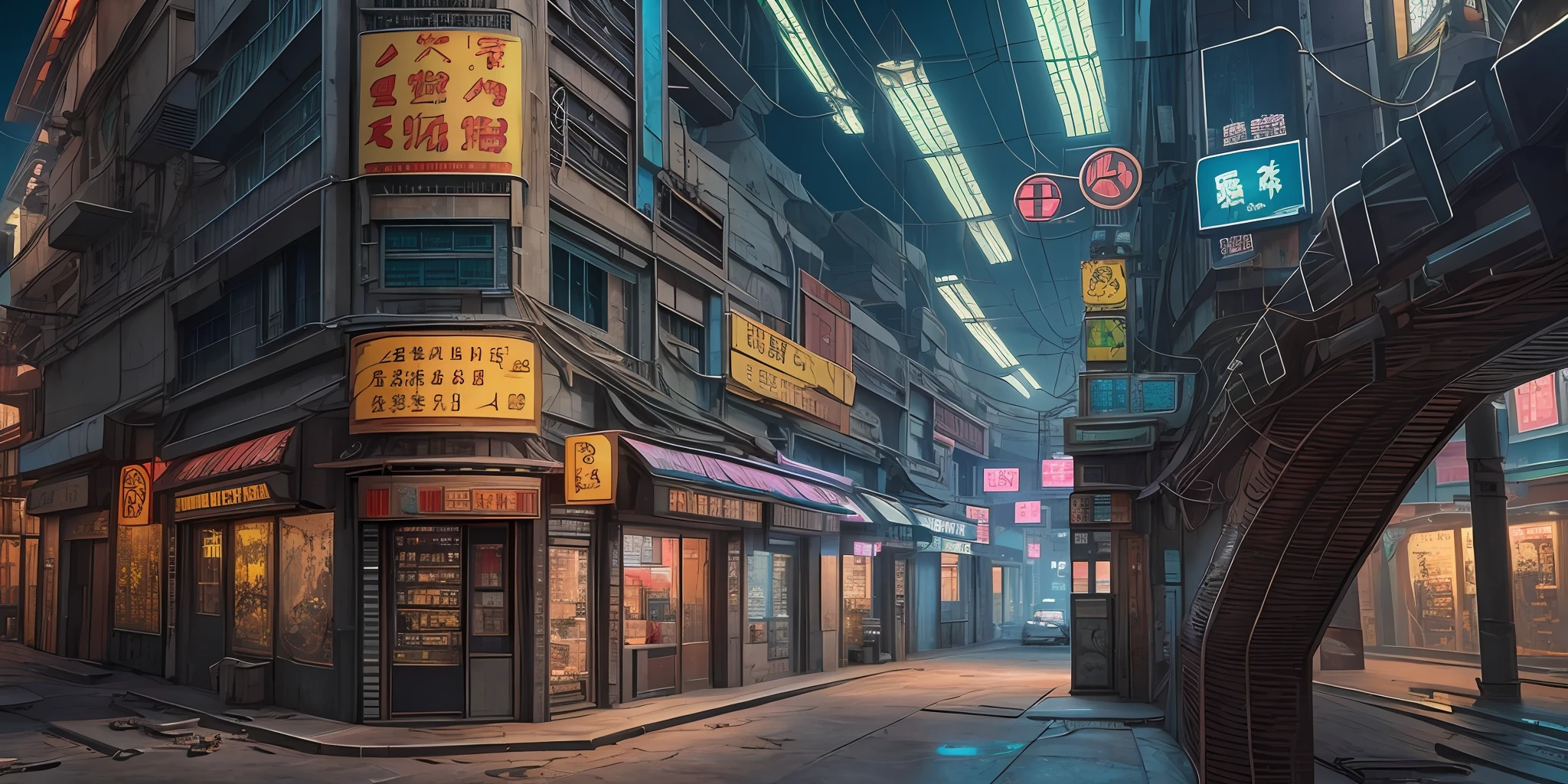 Cyberpunk city from sci-fi movie, wasteland, empty street, night, chinoiserie architecture, stone statue, bridge, old shop, irregular, circuit board, wires, intricate, super detailed, realistic, hyper realistic, high quality, Best, Super Detail, Crazy Detail, Very Detailed, Photorealistic, Epic Composition, Best Quality, 32k --v 6