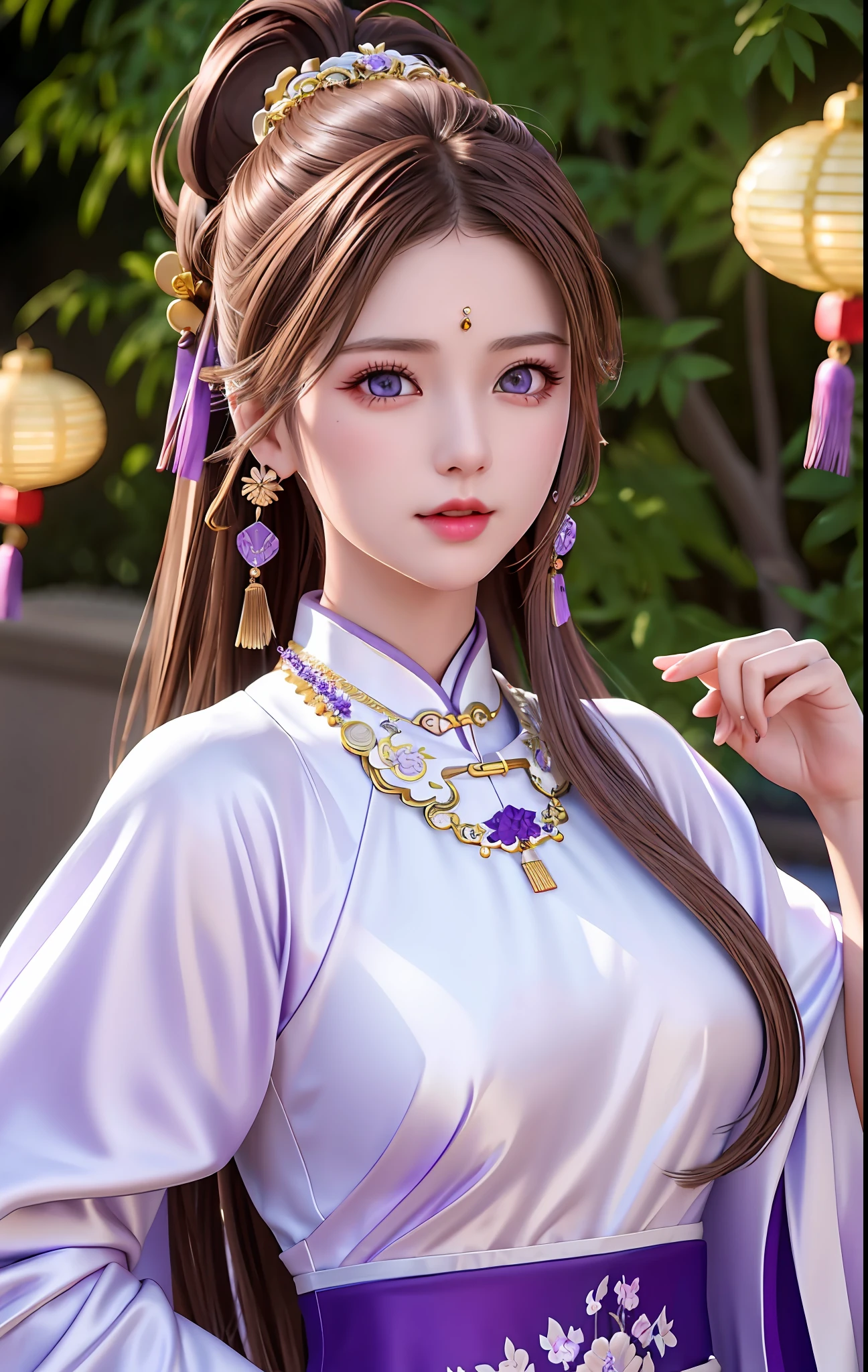 best quality, masterpiece, high_res, 1girl, hair ornament, necklace, jewelry, Beautiful face, tyndall effect, photo realistic, rim lighting, (high detailed skin:1.2), 8k uhd, dslr, soft lighting, high quality, volumetric lighting, candid, Photograph, high resolution, 4k, 8k, Bokeh, medium breasts, absurdres, (light brown hair color), (purple eyes color), white traditional chinese dress, ponytail contorted, best ratio four finger and one thumb,