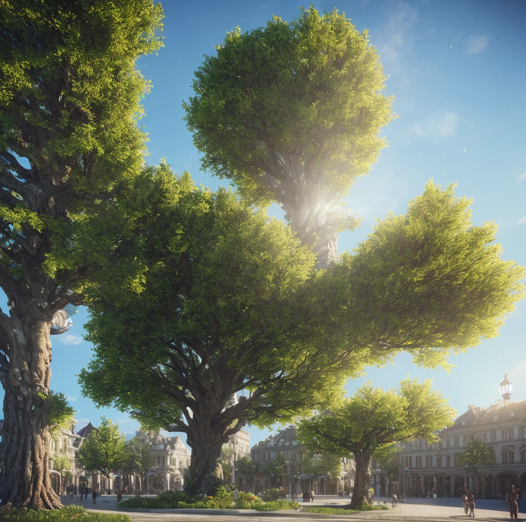 single big tree in midle of town square, Photorealistic,extremely detailed, Intricate, sunny atmosphere, octane render