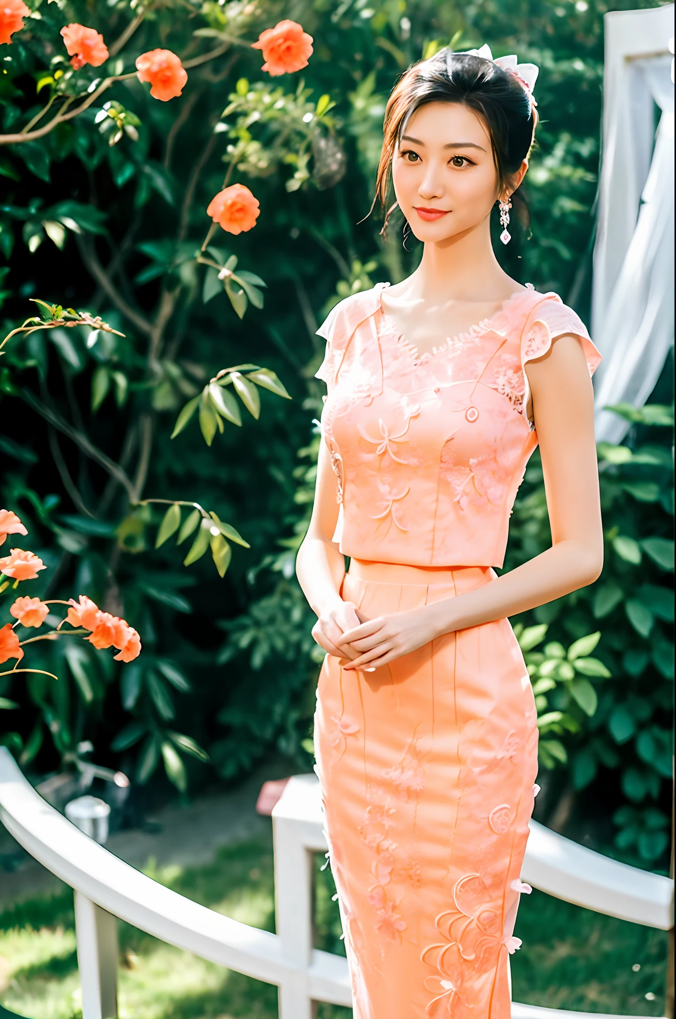 Gentle and charming Chinese woman, full body shot, delicate and sexy collarbone, charming oval face, double eyelids, vivid peach blossom eyes, pink lips, small nose, bare shoulders, focused face, face close-up, ultra-high-definition, Super details, elegant standing, lace embroidered high-waisted skirt, lace flower hollow design, meticulous workmanship, full of big-name style, the tight skirt is perfectly wrapped, so that the natural and smooth body lines are fully displayed.