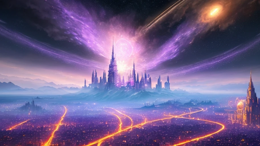 ((master piece)),best quality, (8k, best quality, masterpiece:1.2), ultra-detailed, illustration, Grand scene, big city, fantasy, ethereal city, Floating city, many planets in the skies, clouds around, celestial architecture, purple energy is erupting from the terrain