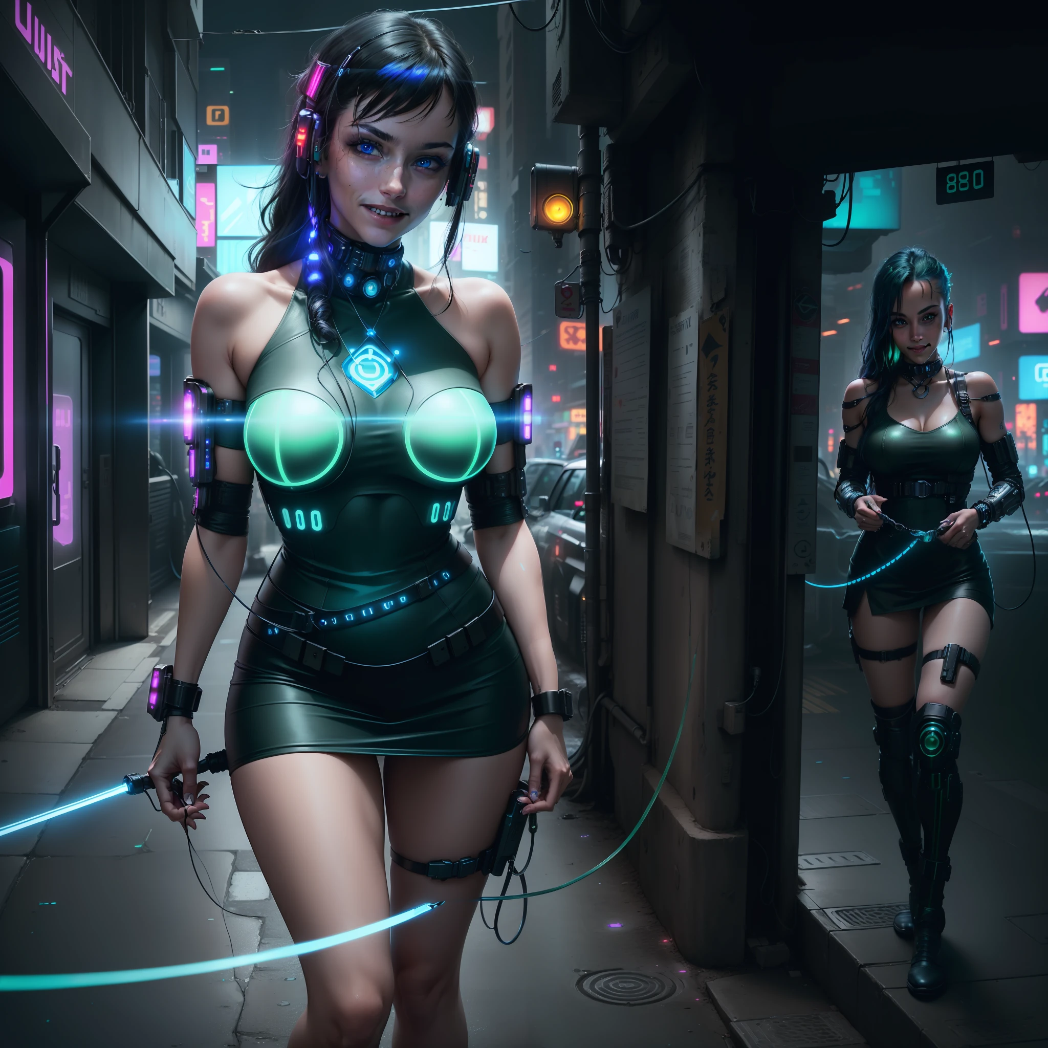 photorealistic,((award winning erotic full body shot of 30 year old, female, futuristic warrior,insane blue eyes)),standing in dungeon,holding a leash with right hand, leash pull,((((leash is big, magical green glow, leash is massive, leash is deteailed)))), solo, showing her,, sexualy biting one side of lip,(beautiful face:1.1),black hair,blue eyes,city ,future,neon lights,(cyberpunk:1.5),futuristic,(perfect face),cute face,(8k, RAW photo, best quality, masterpiece:1.2), (realistic:1.3), (photorealistic:1.3),ultra-detailed, (high detailed skin:1.2), 8k uhd, dslr, soft lighting, high quality, film grain, Fujifilm XT3, best quality, beautiful lighting,cinematic lighting ,(seductive smile:1.5), (intense starring), bomb exploding in background, , intricate details,(perfect face:1.5),(((beautiful face))),detailed face,(1girl,solo),(looking at viewer, eye contact:1.4), ( visible:1.4), (full body shot:1.4)