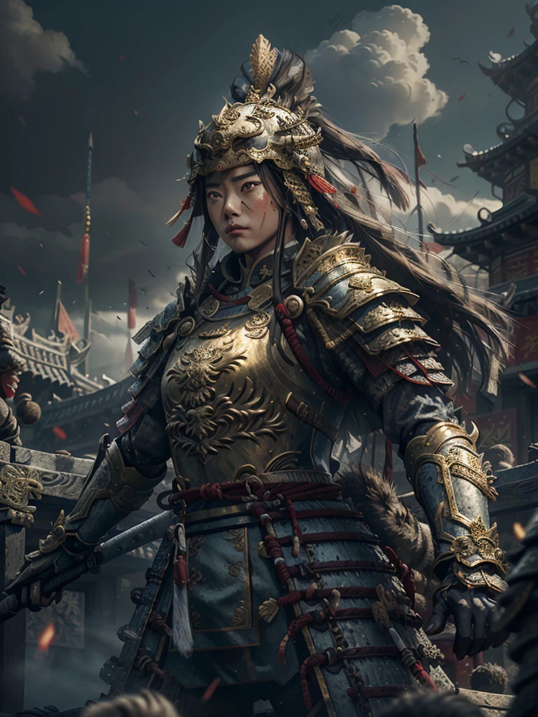 zhongfenghua, eaba, wide-angle, cinematic lighting, (1girl, female general standing up on the hill:1.2), wearing full armour, fighting enemies with Chinese Tang Dao, protect the city walls, hand gloves, blood on the face, blood on armour, golden ratio, exaggerated facial expressions, classic scene,