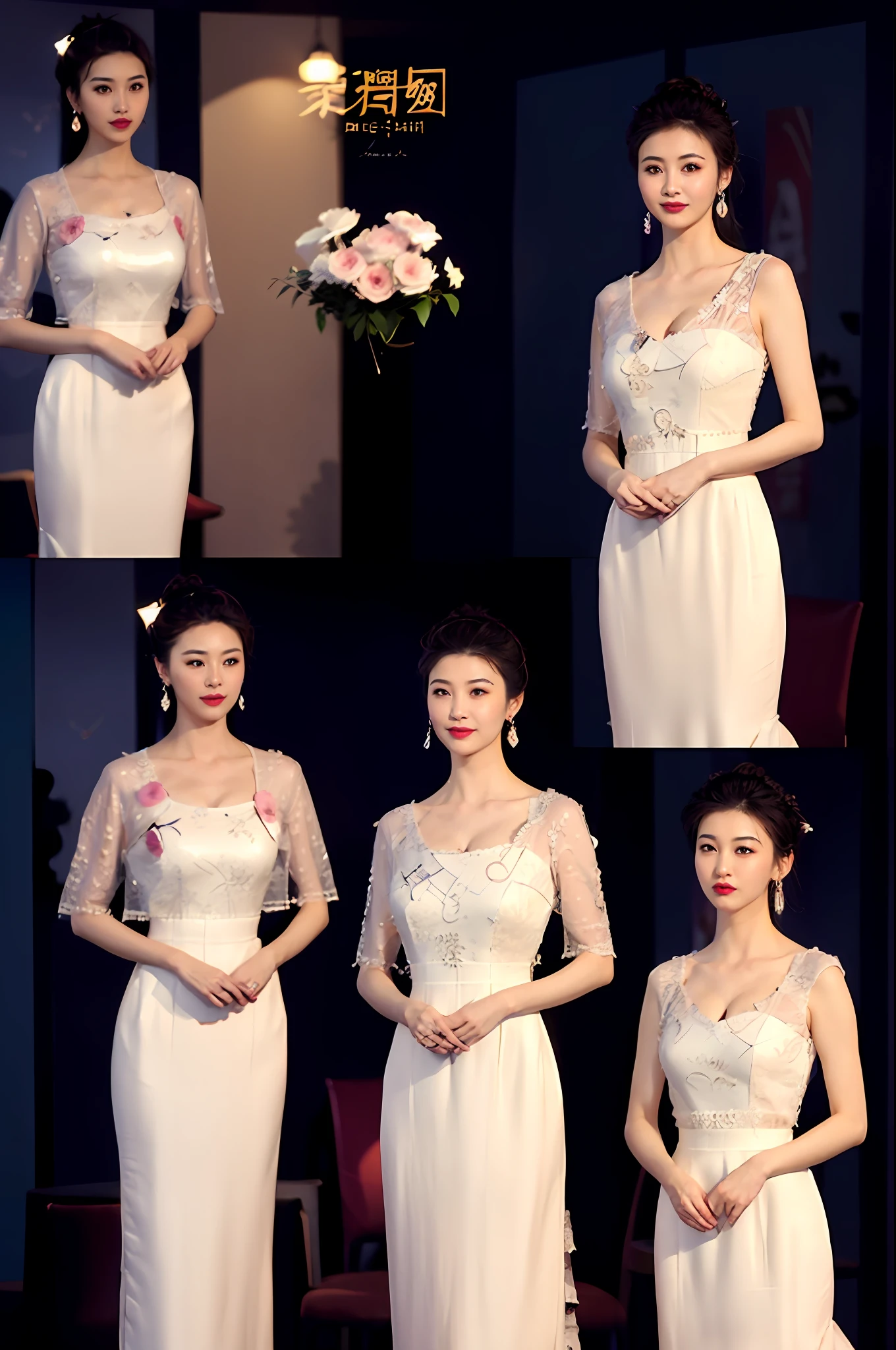 Gentle and charming Chinese beautiful woman, half body photo, delicate and sexy collarbone, charming oval face, double eyelids, smart peach blossom eyes, pink lips, small upturned nose, bare shoulders, focused face, face close-up, ultra-high-definition, Super details, elegant standing, lace embroidered high-waisted skirt, lace flower hollow design, meticulous workmanship, full of big-name style, the tight skirt is perfectly wrapped, so that the natural and smooth body lines are fully displayed.