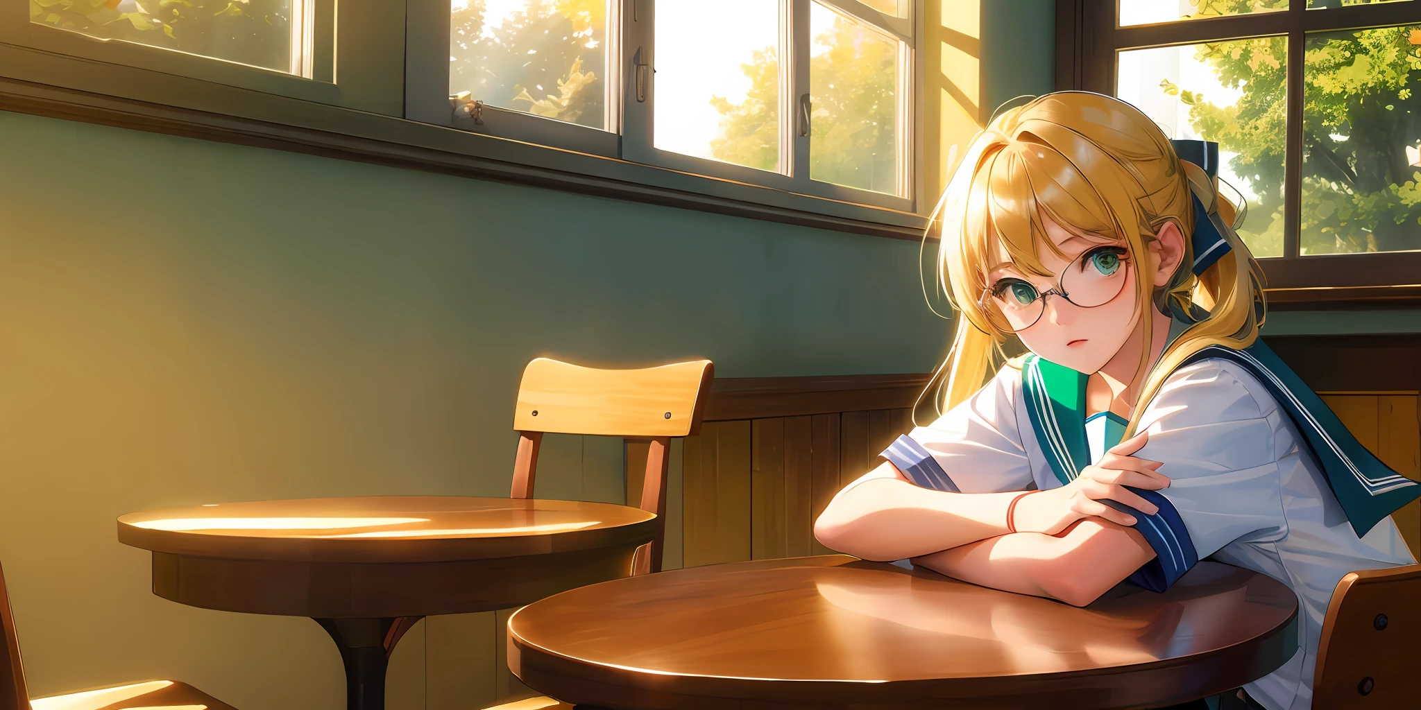 ((masterpiece,best quality, high resolution)), 1girl, solo, green eyes, blonde long hair tied with blue ribbon, blunt bangs, round glasses, sitting, folded arms on the table, sleep on the folded arms, school uniform, white serafuku, red sailor collar, short sleeves, white pleated skirt, (in library), dramatic light, beside window, afternoon light through the window, afternoon, bokeh effect