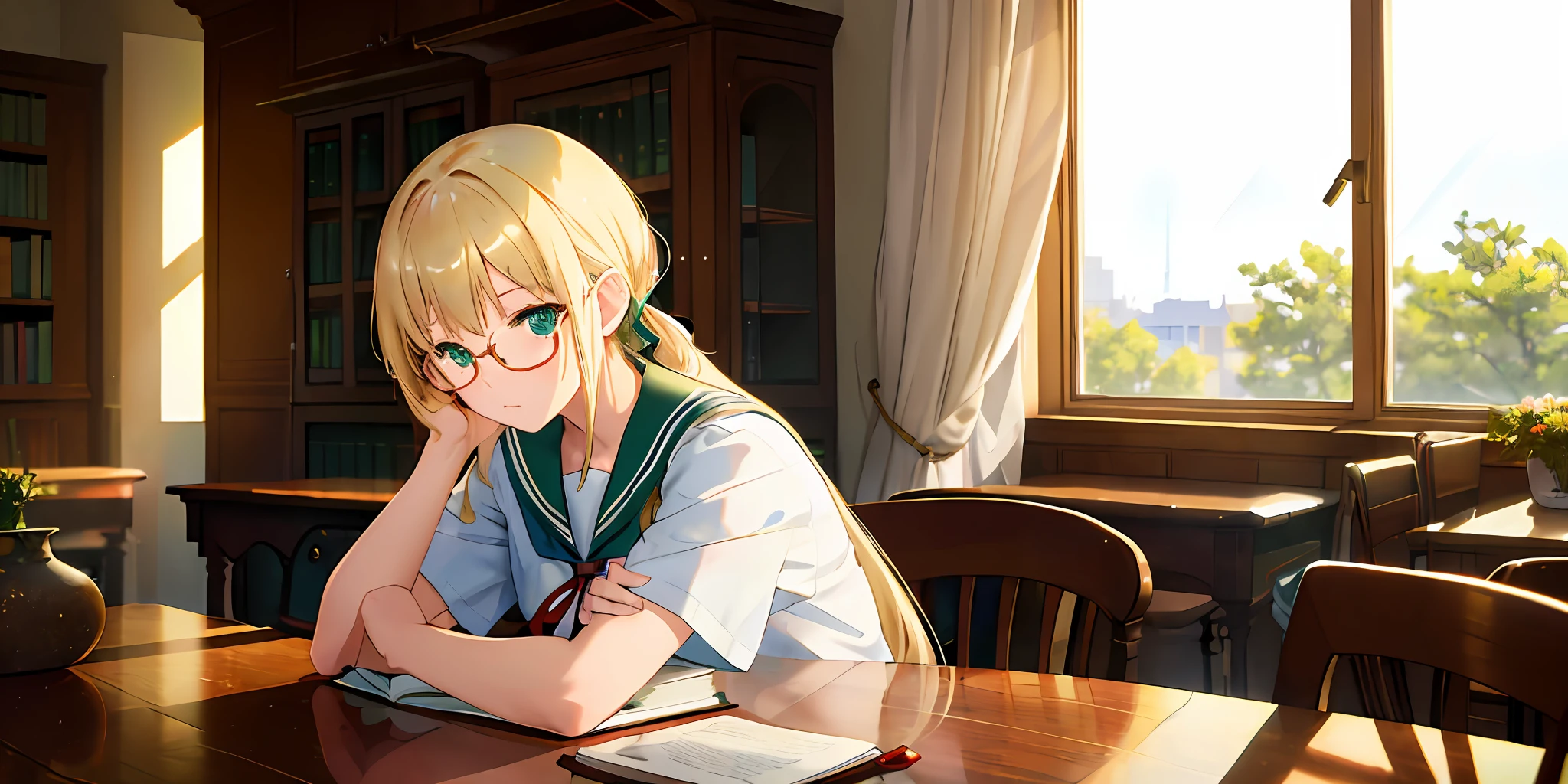 ((masterpiece,best quality, high resolution)), 1girl, solo, green eyes, blonde long hair tied with blue ribbon, blunt bangs, round glasses, sitting, folded arms on the table, sleep on the folded arms, school uniform, white serafuku, red sailor collar, short sleeves, white pleated skirt, (in library), dramatic light, beside window, afternoon light through the window, afternoon, bokeh effect