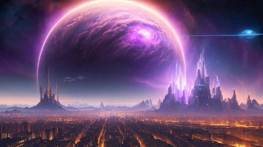 ((master piece)),best quality, (8k, best quality, masterpiece:1.2), ultra-detailed, illustration, Grand scene, big city, Science fiction, ethereal city, Floating city, many planets in the skies, clouds around, celestial architecture, purple energy is erupting from the terrain as scars