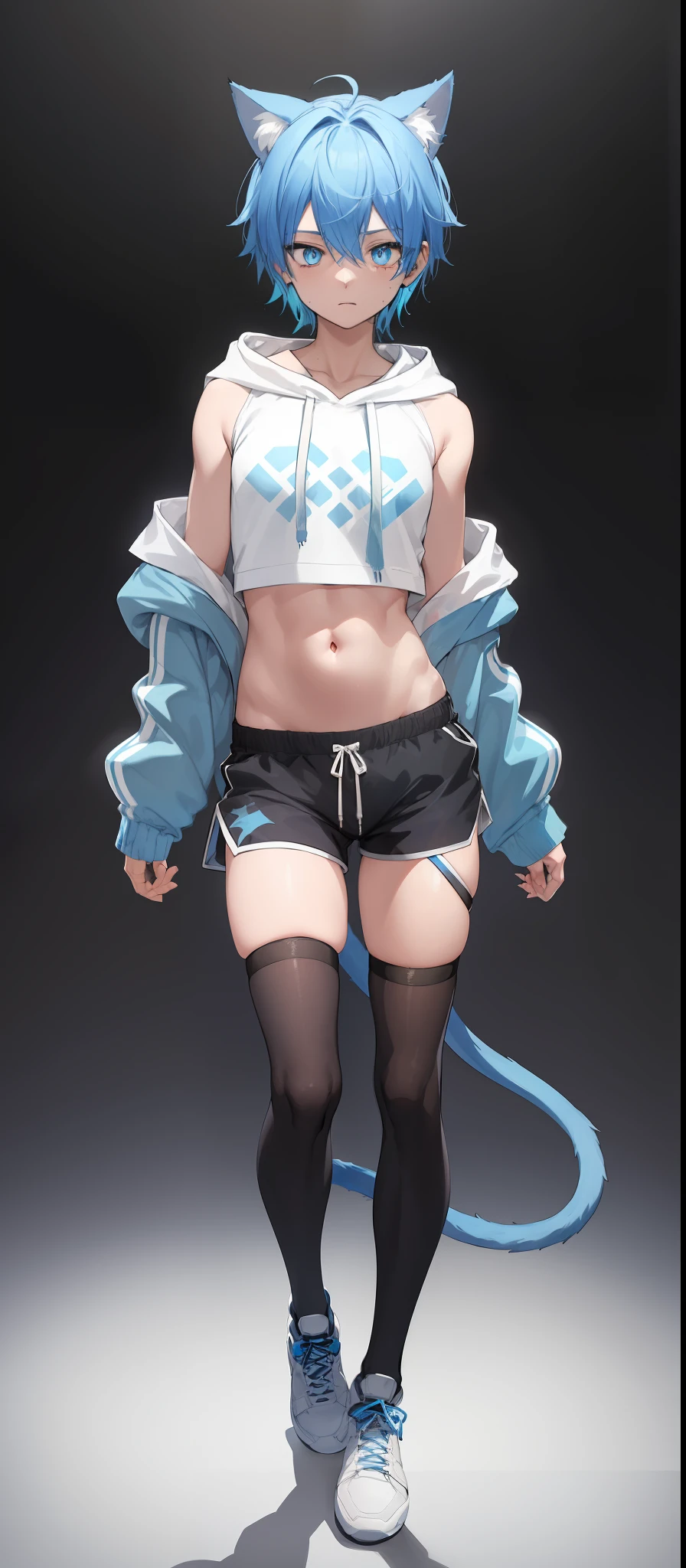 1boy, messy blue hair, glowing blue eyes, cropped blue hoodie, toned, slim, big thighs, big buttocks, black thigh highs, black shoes with white laces, full body view, masterpiece, HD, vibrant, big sharp cat ears, cat tail, black cotton gym shorts