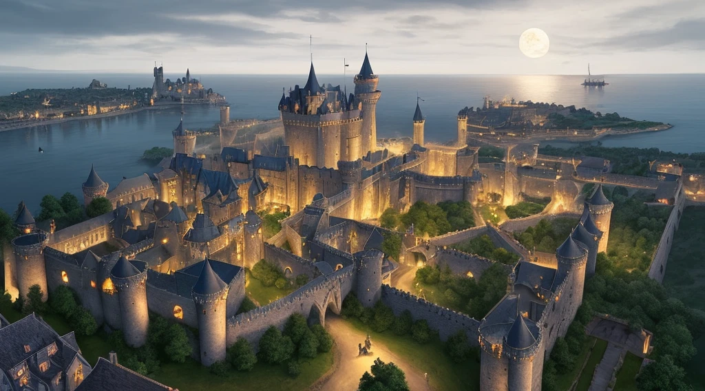 An eerily imposing old castle with many bay windows and battlements with many cannons, a large overshadowing keep in the center and many towers, very high walls and battlements fitted with many cannons. The harbor is at the foot of the castle with large and beautiful military installations Sailing ships are anchored on the piers, a bridge leads up from the mainland to the mighty city gate, the castle towers over a medieval ancient city, it is a clear gloomy night with a full moon, high detail accuracy, lots of detail, extremely detailed details, like castlevania, extremely wide field of view, gothic fantasy art, gothic castle, seen from above, looking down on the castle,