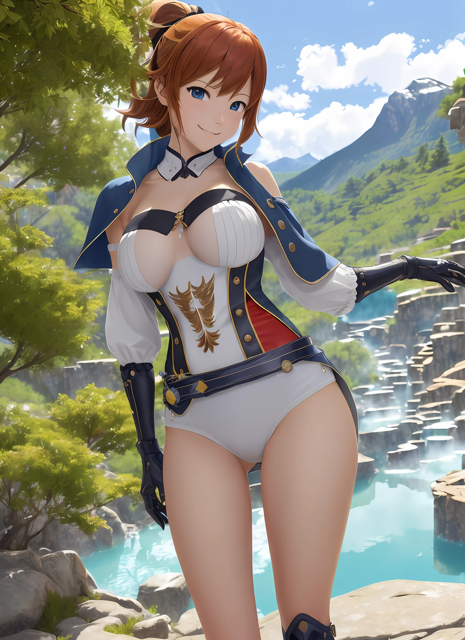 "((workshop)), perfect quality, stunning beauty, jeanfavonian, big breasts, black panties, (high-quality anime, Makoto Shinkai), with a wide smile and a red face, is outdoors on a mountain terrace next to hot springs, looking at of the viewer Short hair blowing in the wind, the background is simple and blue, the background is the mountains, and the gaze is directed downwards, at a low angle The lighting is dark, but high heels only enhance the beauty.