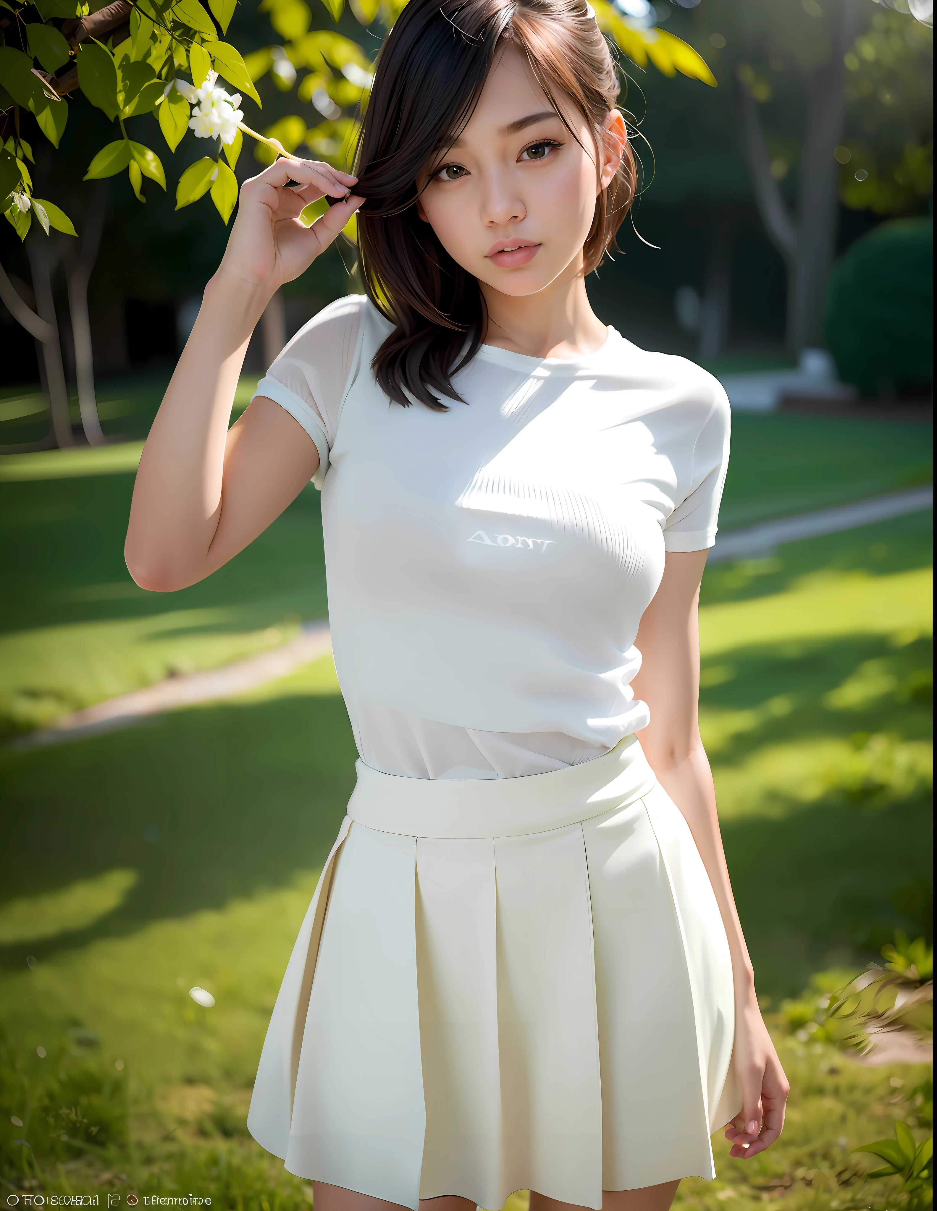 (8k, RAW photo, best quality, masterpiece: 1.4), ultra high definition (realistic, photorealistic: 1.48), omertoza, 1 girl, (Kpop idol), (his sale: 1), cute (super bokeh field: 1.25), bokeh, girl in a short skirt, professional lighting, detailed lighting, photon mapping, physical rendering, backlight, depth of field, natural light, hard focus, film grain, shooting distance up to a meter , professional photoshoot taken with a Sony a9 II mirrorless camera, detailed eyes, realistic eyes, shadow detail, viewer gaze, detailed lighting, (detailed hairstyle, realistic hairstyle, realistic lighting, realistic shadow), realistic reflection light top, top, sexy, wearing short skirt only