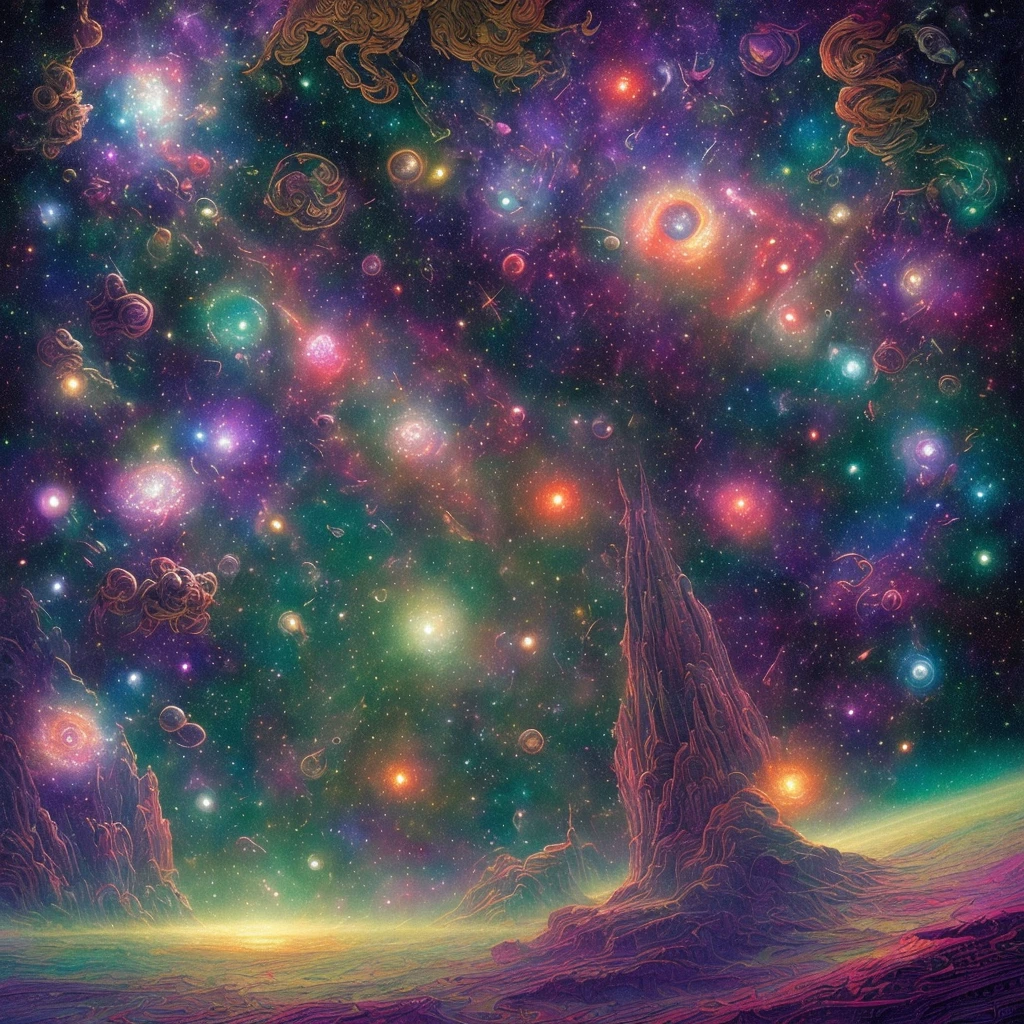 (extremely detailed, masterpiece, best quality), ultra HD 8K wallpaper, a beautiful and delicate exploration of cosmic beauty combining futuristic and retro elements, (1 spaceship), (bright colors: red:1.2 + purple:1.1 + green:1.1), dramatic lighting, dynamic pictorial compositions, panoramic view of deep space, fantastic, galaxies in the background, nebulae, bright lights, vicissitudes of the universe, bright flashing constellations, Volumetric light. Drawn by Moebius