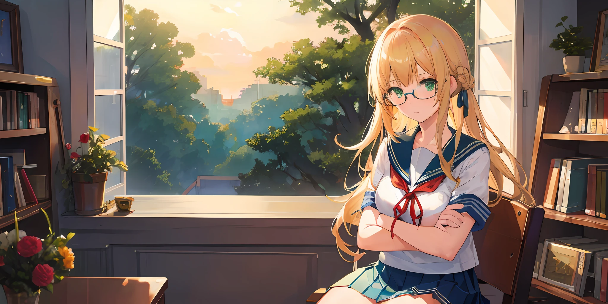 ((masterpiece,best quality, high resolution)), 1girl, solo, green eyes, blonde long hair tied with blue ribbon, blunt bangs, round glasses, sitting, folded arms on the table, sleep on the folded arms, school uniform, white serafuku, red sailor collar, short sleeves, white pleated skirt, (in library), dramatic light, beside window, afternoon light through the window, afternoon, bokeh effect