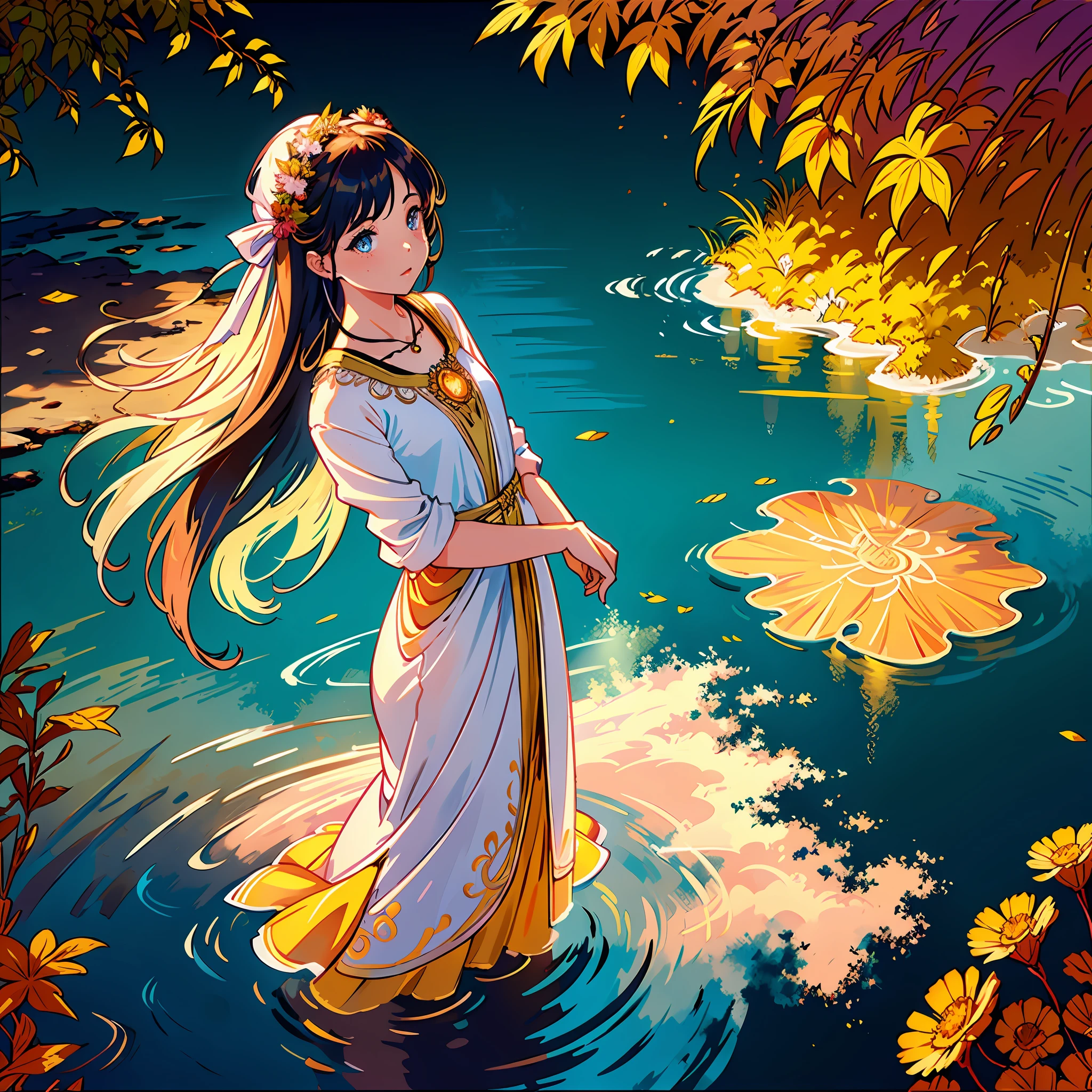 1 girl, serene expression, mesmerizing eyes, straight long hair, flowing dress, poised posture, porcelain skin, subtle blush, crystal pendant BREAK golden hour, (rim lighting):1.2, warm tones, sun flare, soft shadows, vibrant colors, painterly effect, dreamy atmosphere BREAK scenic lake, distant mountains, willow tree, calm water, reflection, sunlit clouds, peaceful ambiance, idyllic sunset, ultra detailed, official art, unity 8k wallpaper , zentangle, mandala