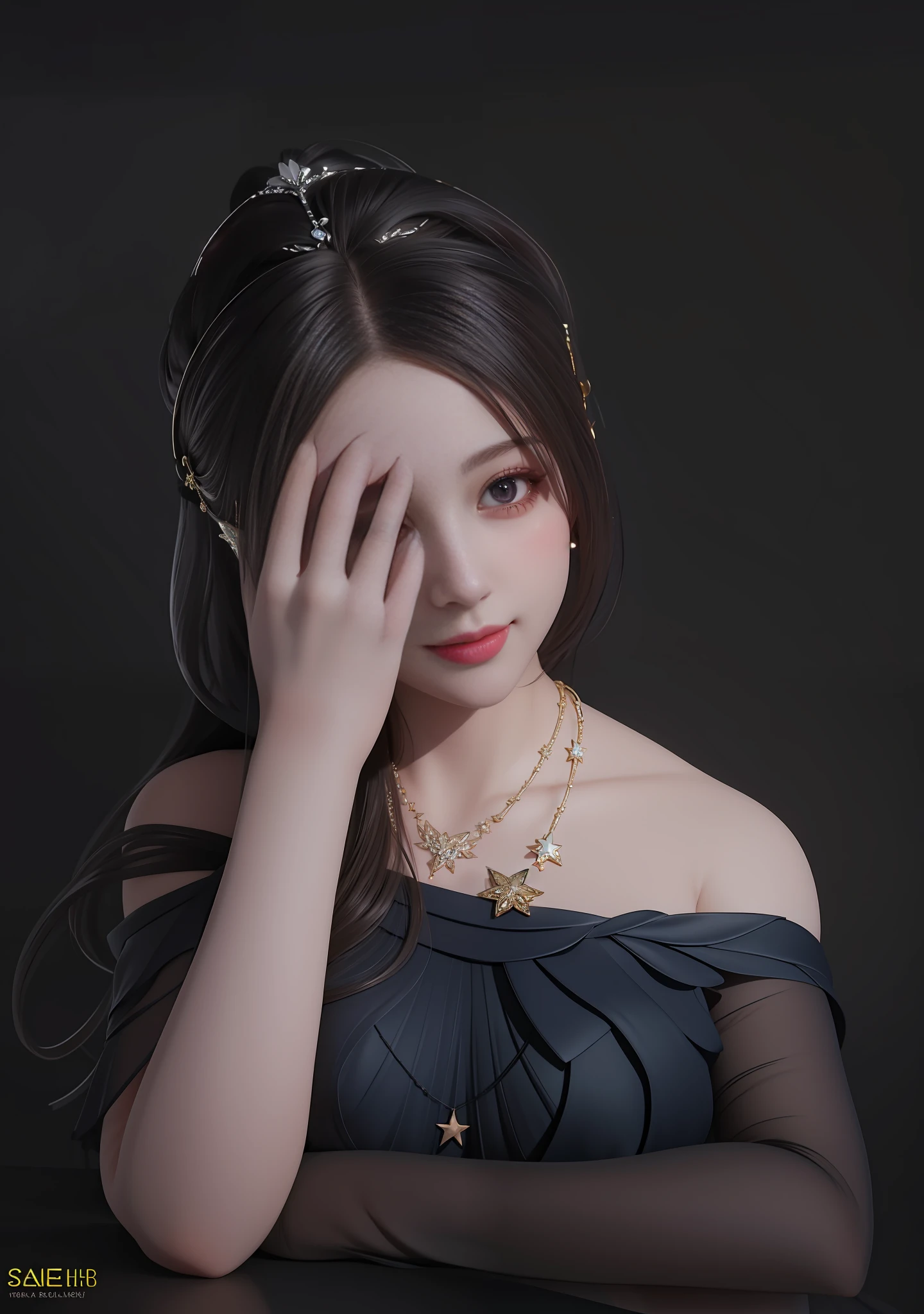 best quality, masterpiece, highres, 1girl,blush,(seductive smile:0.8),star-shaped pupils,necklace, jewelry,Beautiful face,upon_body, tyndall effect,photorealistic, dark studio, rim lighting, two tone lighting,(high detailed skin:1.2), 8k uhd, dslr, soft lighting, high quality, volumetric lighting, candid, Photograph, high resolution, 4k, 8k, Bokeh,,not sexy dress,beautiful thick dress,remove white mask