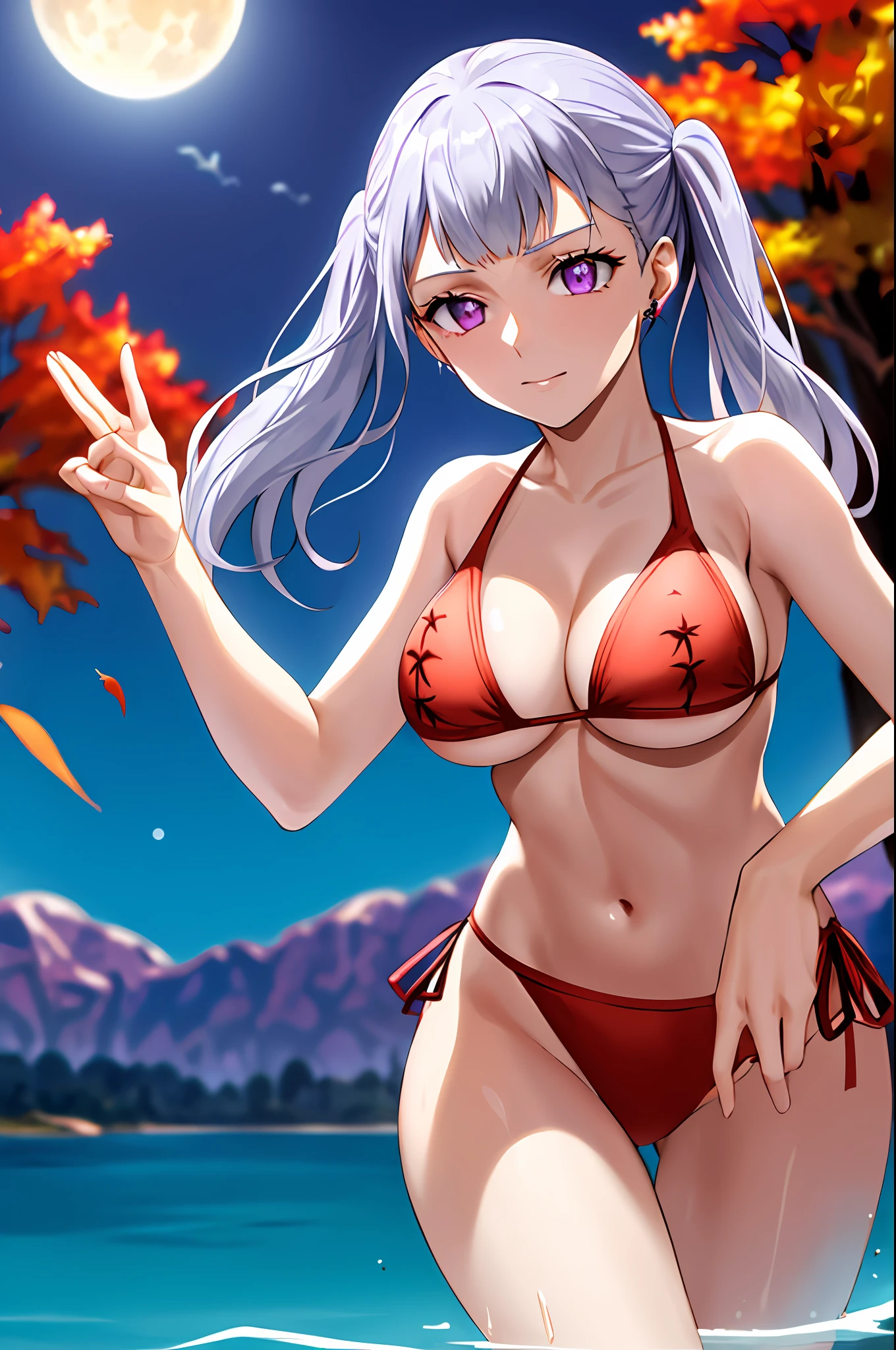 noelle_silva, long hair, twin ponytails, bangs, earring, silver hair, purple eyes, tree, sunset, autumn, autumn leaves, ((under water: 1.3)), night, moon, (dancing: 1.2), volumetric lighting, best quality, masterpiece, intricate details, tone mapping, sharp focus, hyper detail, Artstation trends, swimsuit, bikini, side-tie bikini bottom, (red bikini:1.3), outdoors, beach, sand, water, sky, day, cloud